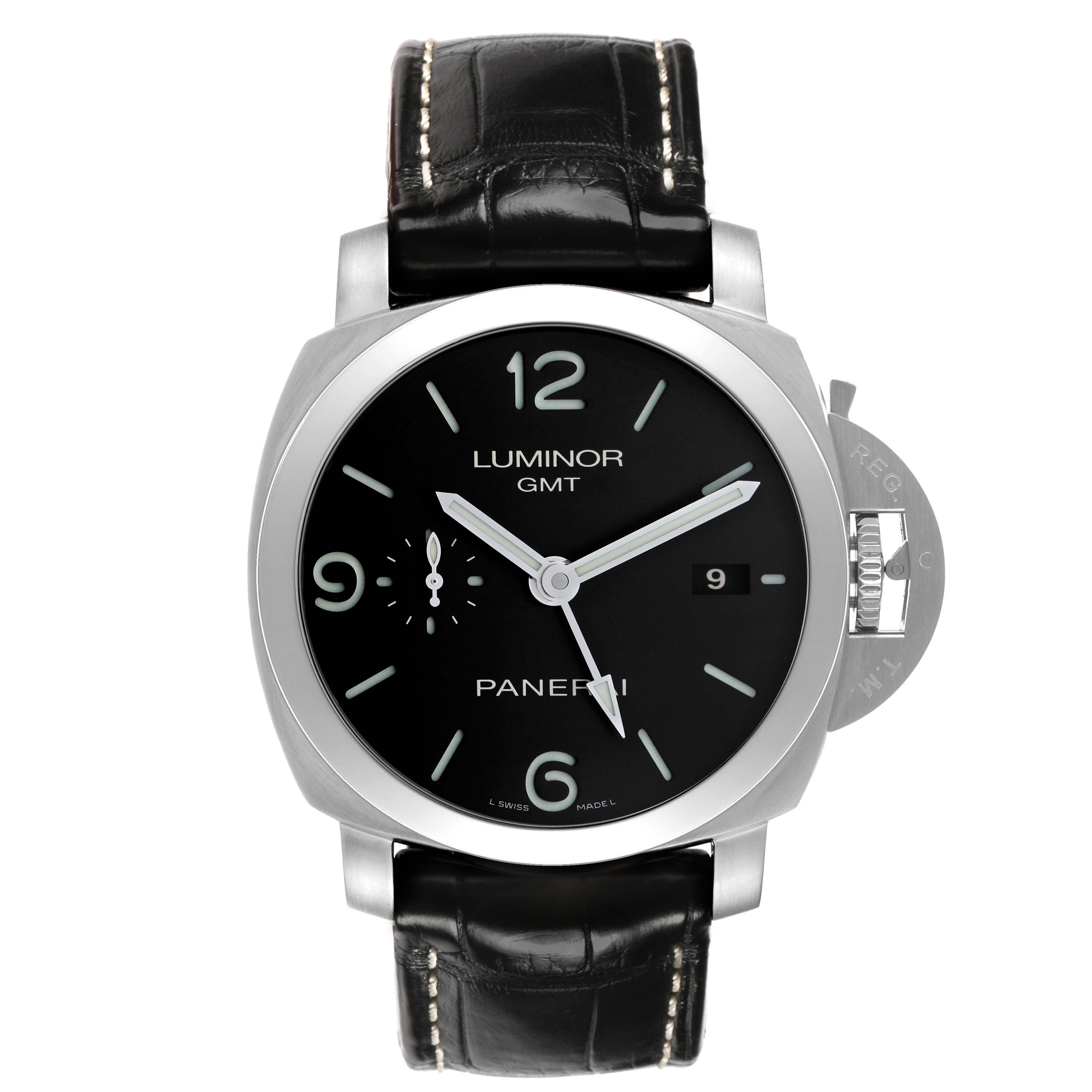 The Panerai Luminor PAM00320 Men's Stainless Steel Black Dial watch is shown from the front, displaying its dial, crown, and leather strap.