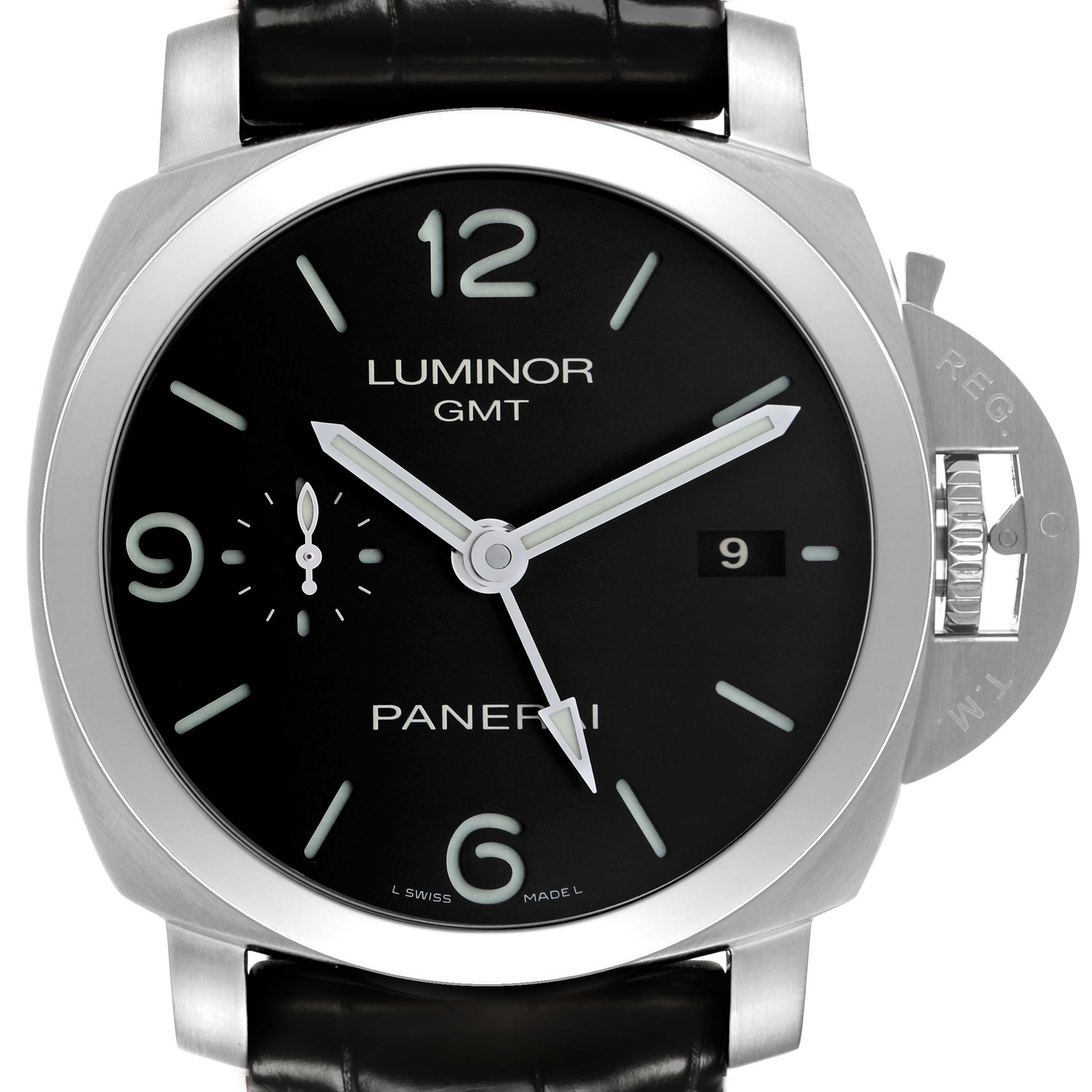 This image shows a frontal view of a Panerai Luminor PAM00320 Men's Stainless Steel Black Dial watch, highlighting its face, hands, crown guard, and strap attachment.