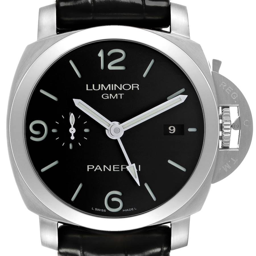 This image shows a frontal view of a Panerai Luminor PAM00320 Men's Stainless Steel Black Dial watch, highlighting its face, hands, crown guard, and strap attachment.