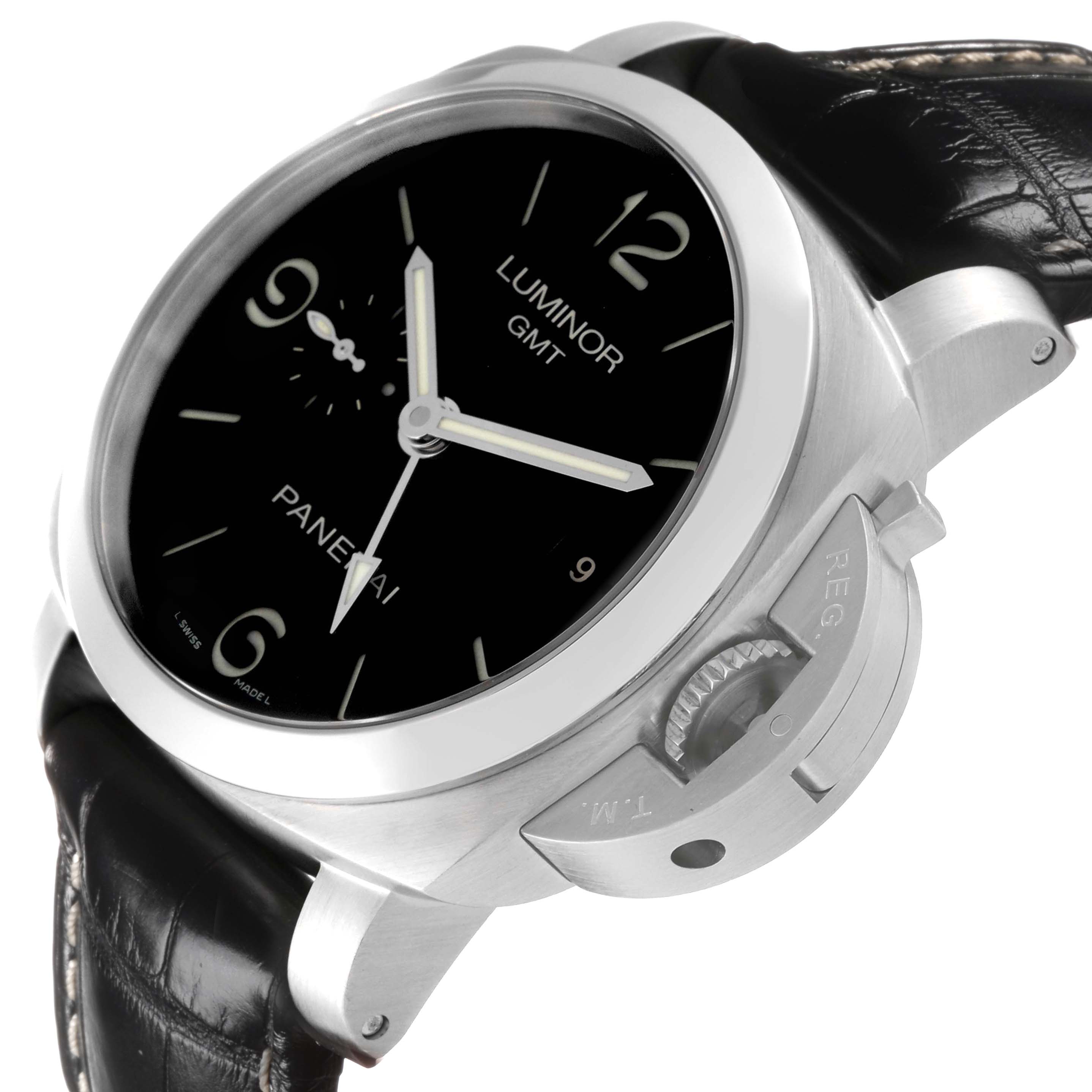 The Panerai Luminor PAM00320 Men's Stainless Steel Black Dial watch is shown from a side angle, highlighting the dial, crown guard, and leather strap.
