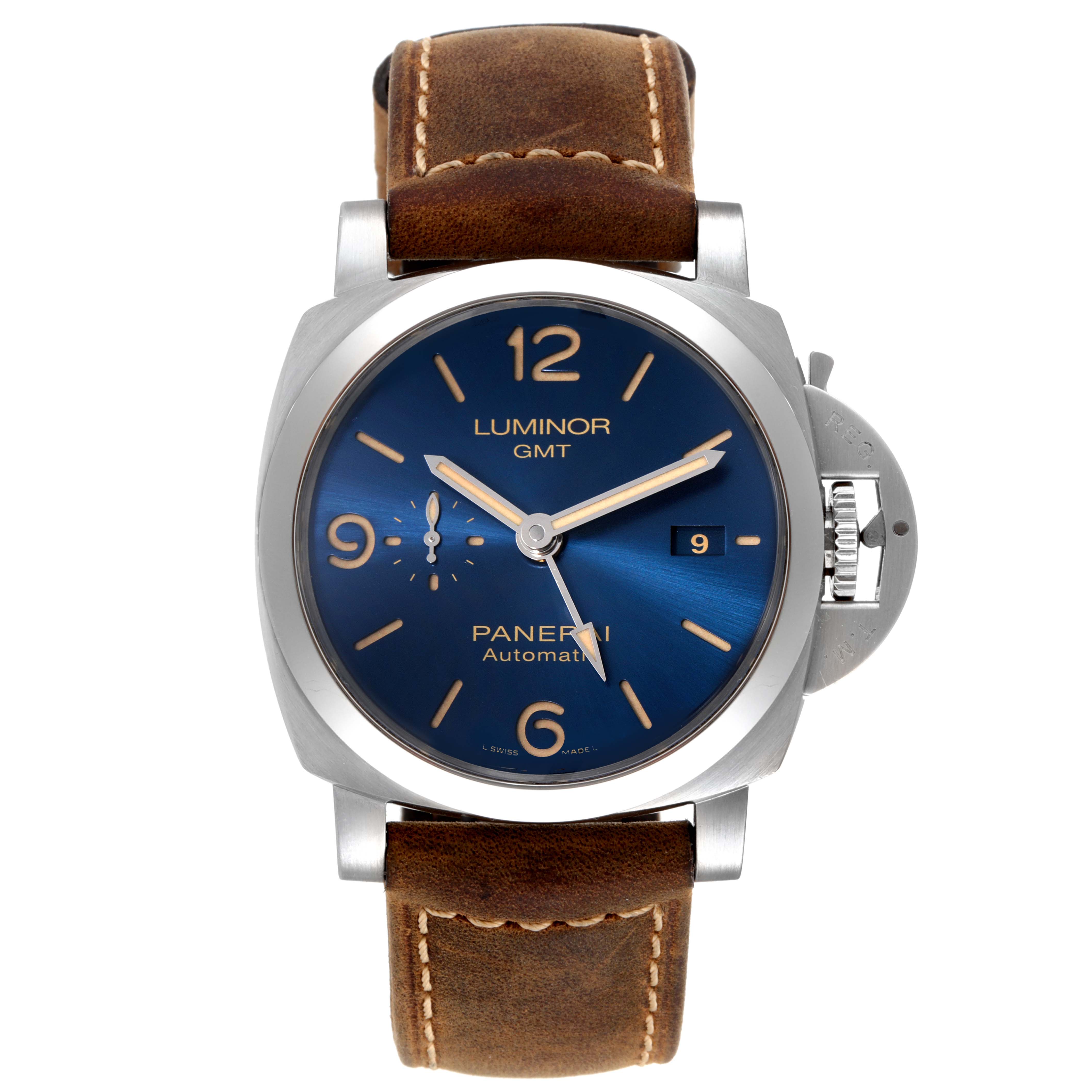 This image shows a front view of a Panerai Luminor PAM01033 Men's Stainless Steel Blue Dial PAM01033 Men's Stainless Steel Blue Dial watch with a brown leather strap and blue dial.