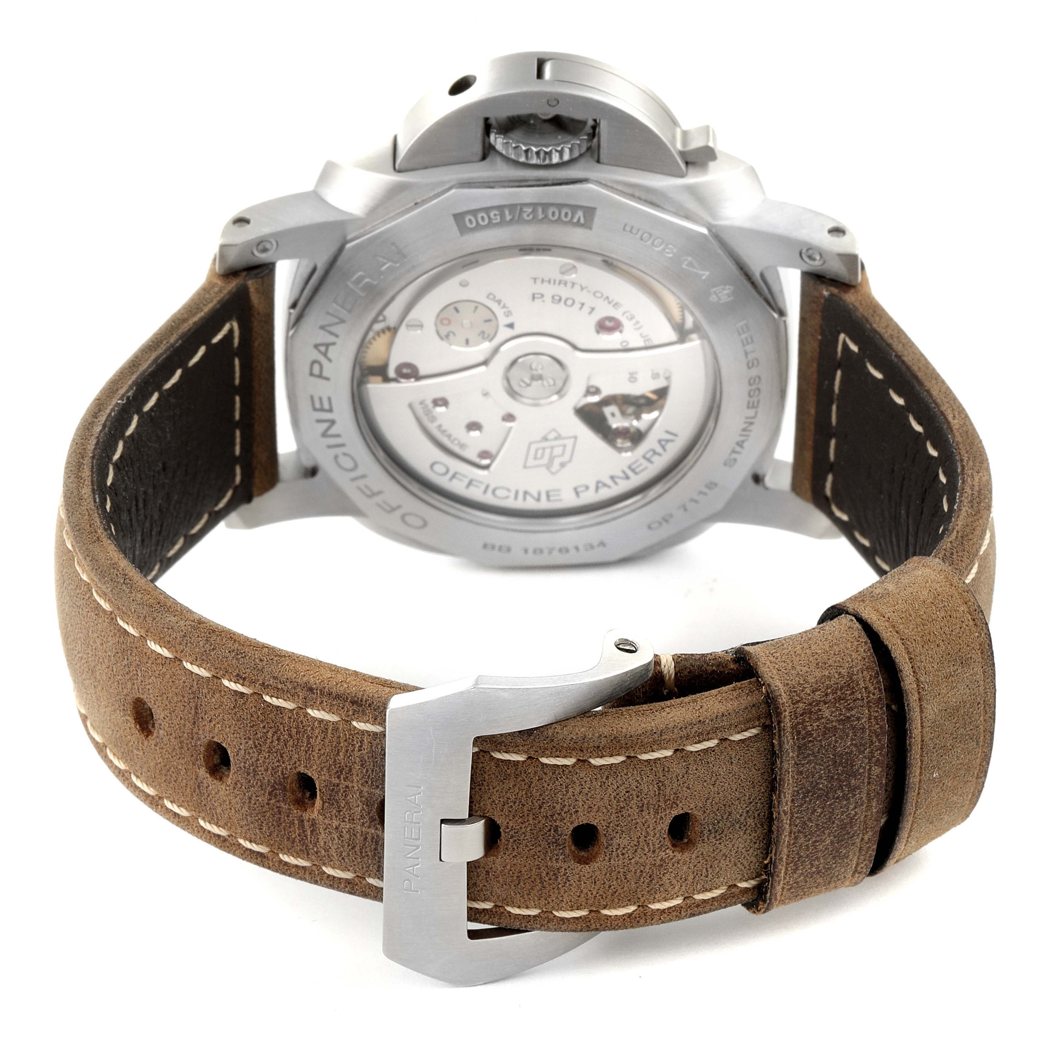 The image shows the back of a Panerai Luminor PAM01033 Men's Stainless Steel Blue Dial PAM01033 Men's Stainless Steel Blue Dial watch, highlighting the case back, crown guard, and leather strap.