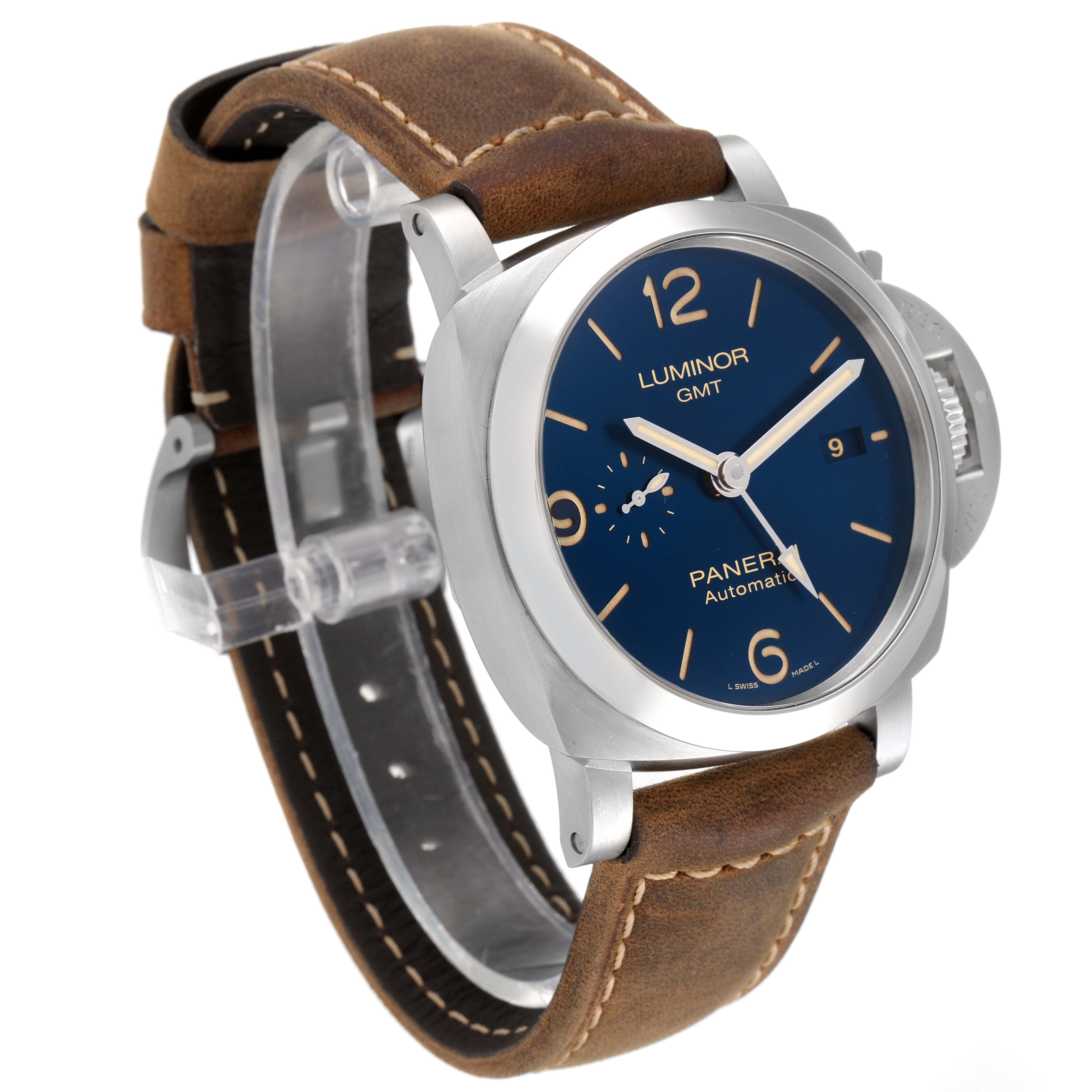 The image shows a front angled view of a Panerai Luminor PAM01033 Men's Stainless Steel Blue Dial PAM01033 Men's Stainless Steel Blue Dial GMT watch, highlighting its blue dial and brown leather strap.