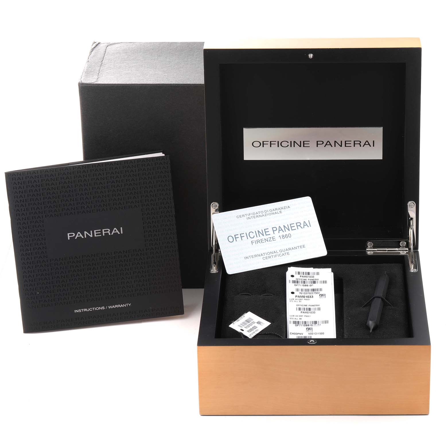 The image shows a Panerai Luminor PAM01033 Men's Stainless Steel Blue Dial PAM01033 Men's Stainless Steel Blue Dial watch box set including a presentation box, guarantee certificate, and instruction manual.