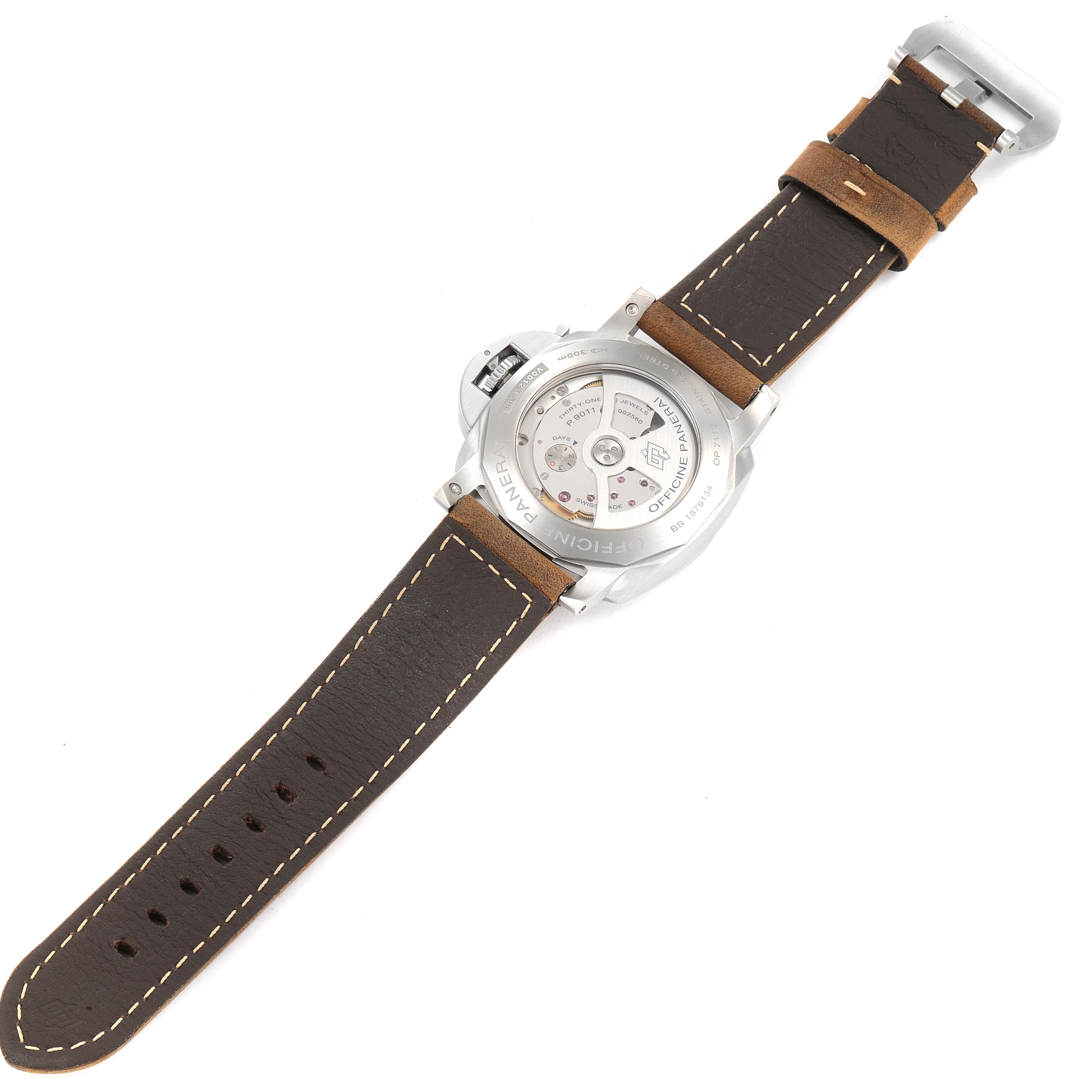 The image shows the back view of a Panerai Luminor PAM01033 Men's Stainless Steel Blue Dial PAM01033 Men's Stainless Steel Blue Dial watch, highlighting its open case back and leather strap.