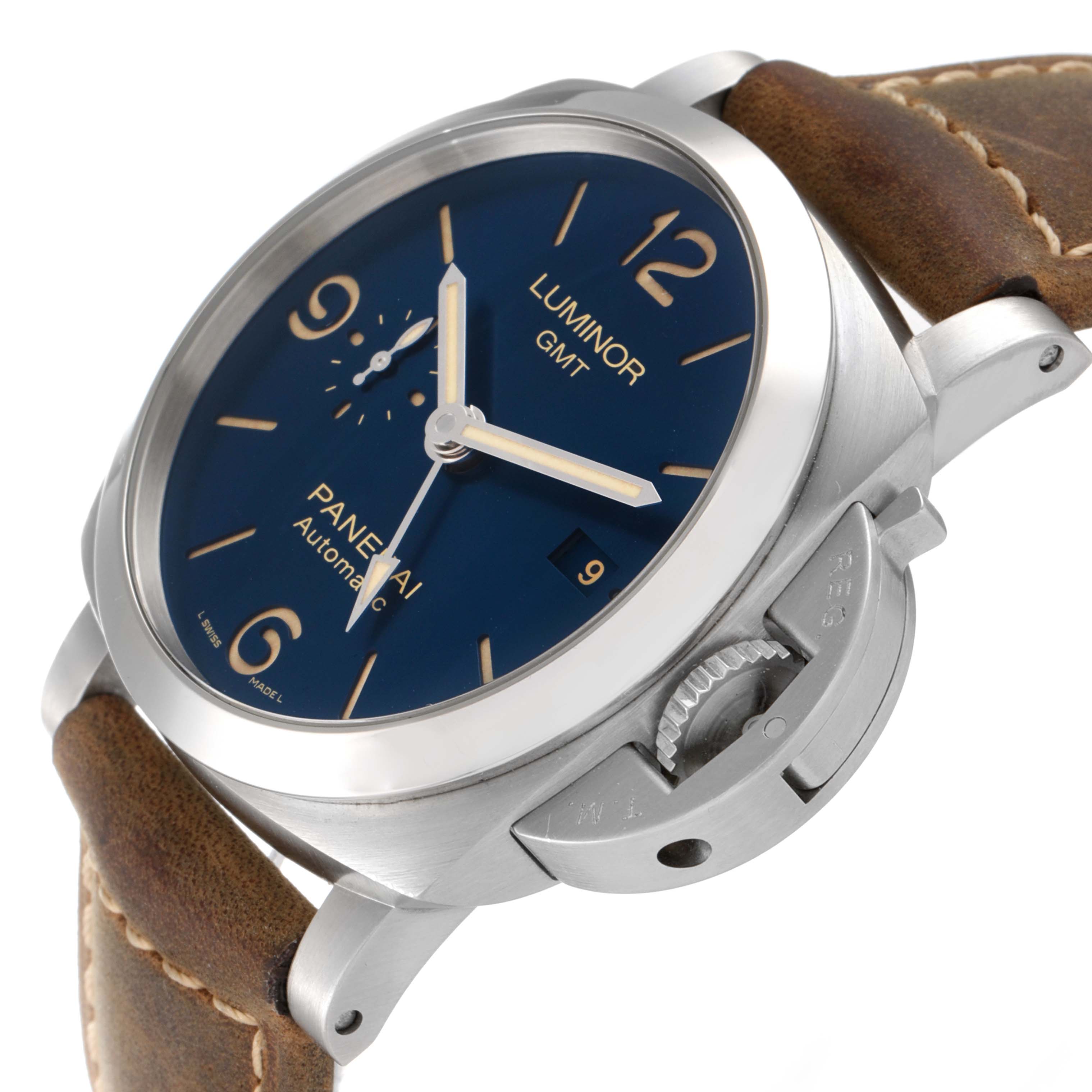 The image shows a Panerai Luminor PAM01033 Men's Stainless Steel Blue Dial PAM01033 Men's Stainless Steel Blue Dial GMT watch at an angled close-up, highlighting the dial, case, crown guard, and leather strap.