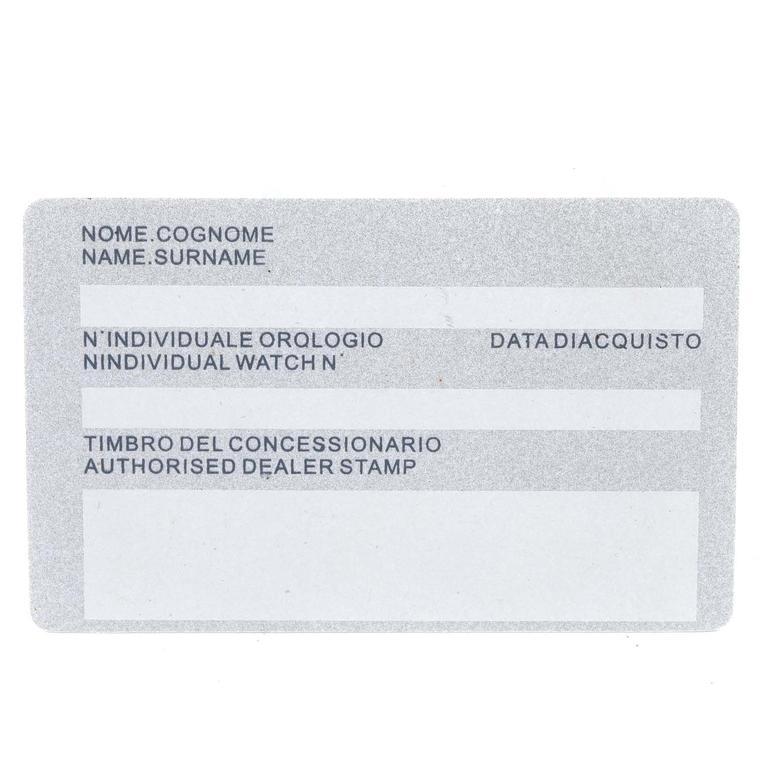 This is a warranty card for a Panerai Luminor PAM01033 Men's Stainless Steel Blue Dial PAM01033 Men's Stainless Steel Blue Dial watch, shown from a top-down angle.