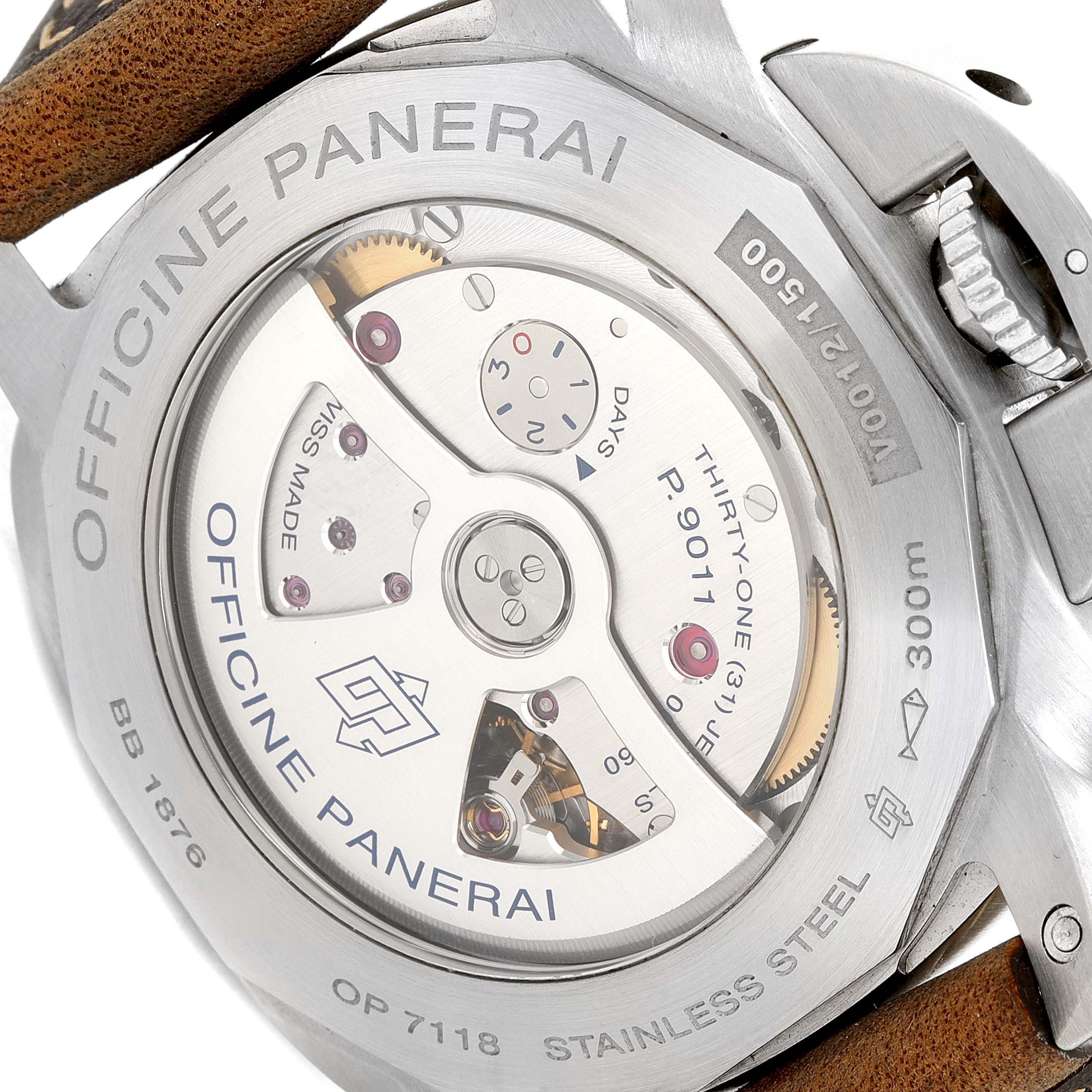 The image shows the back view of a Panerai Luminor PAM01033 Men's Stainless Steel Blue Dial PAM01033 Men's Stainless Steel Blue Dial watch, highlighting the movement and internal components.