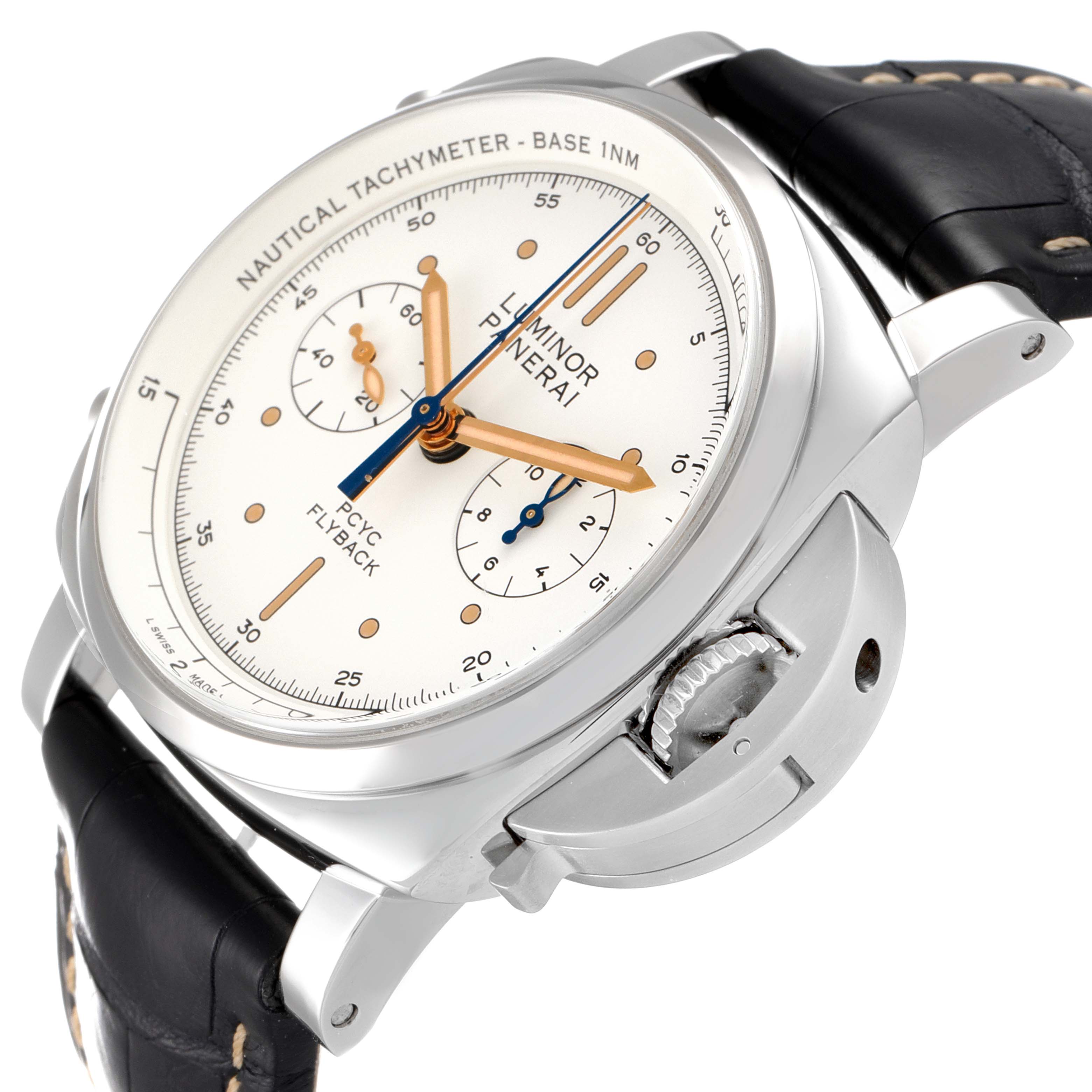 The image shows a Panerai Luminor PAM00654 Men's Stainless Steel Beige Dial PAM00654 Men's Stainless Steel Beige Dial wristwatch from an angled side view, highlighting the dial, crown guard, and strap.