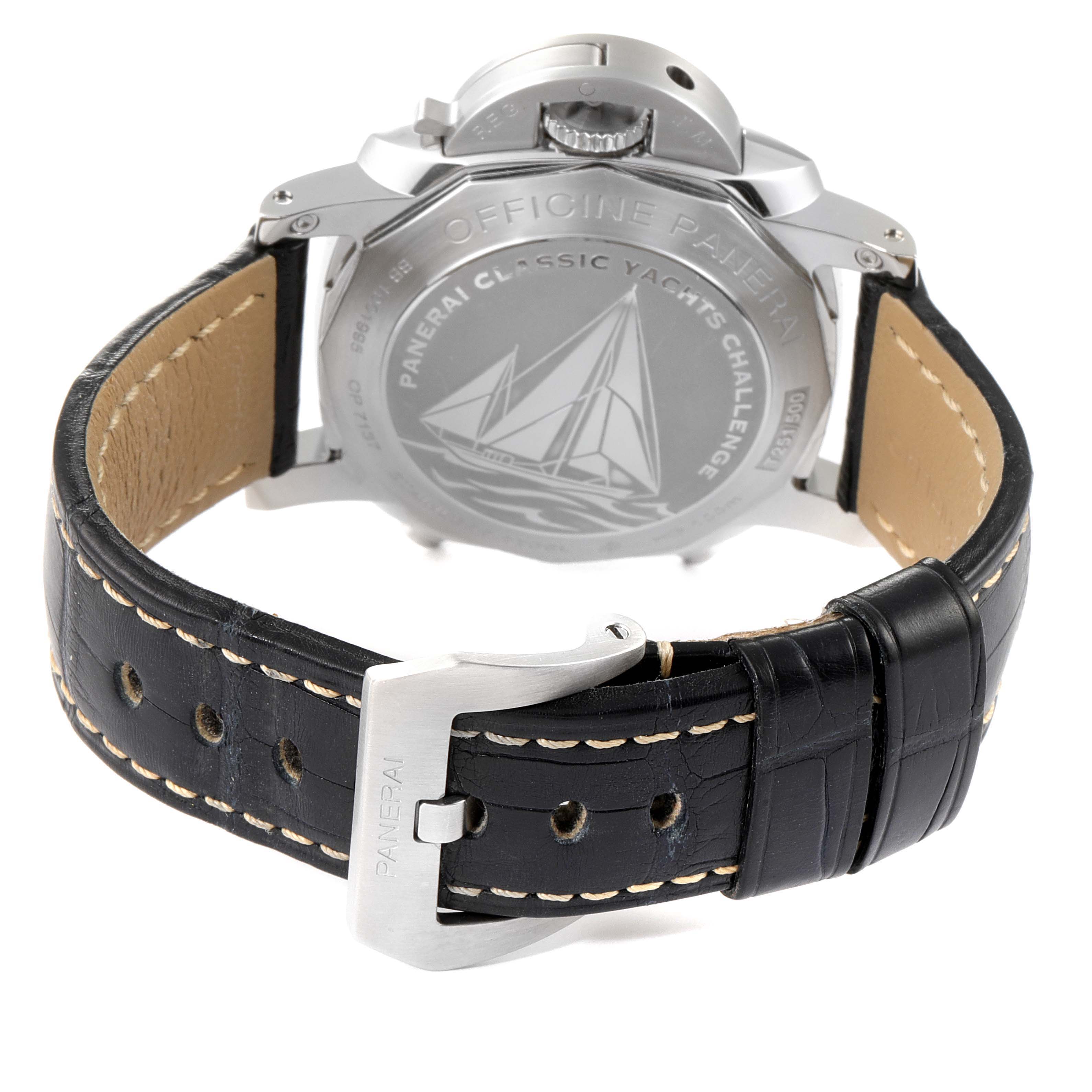 This image shows the back of a Panerai Luminor PAM00654 Men's Stainless Steel Beige Dial PAM00654 Men's Stainless Steel Beige Dial watch, highlighting its engraved case back, leather strap, and branded buckle.