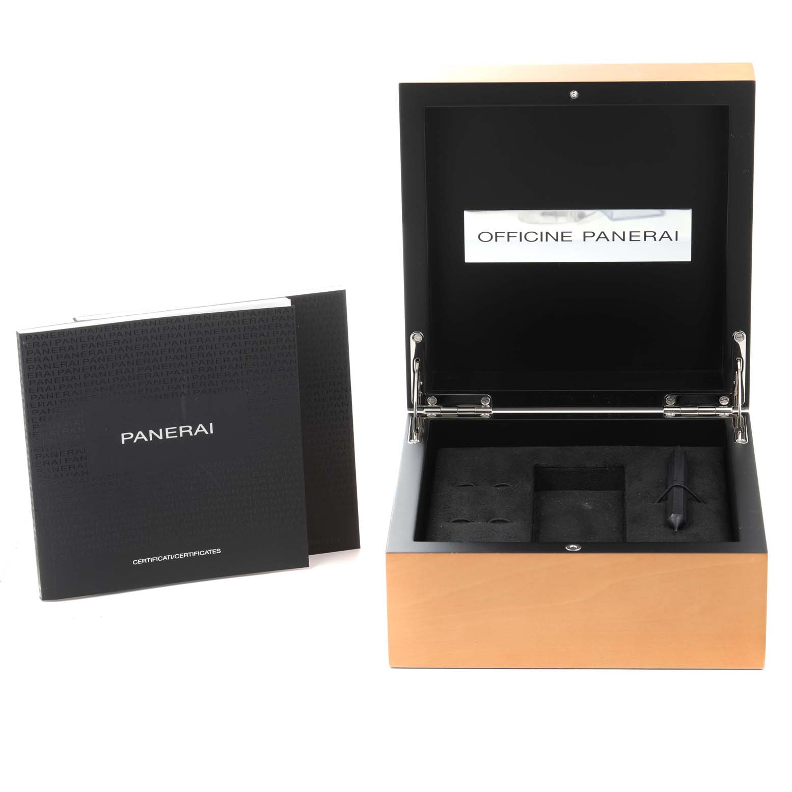 This image shows an open Panerai Luminor PAM00654 Men's Stainless Steel Beige Dial PAM00654 Men's Stainless Steel Beige Dial watch box and accompanying certification booklet.
