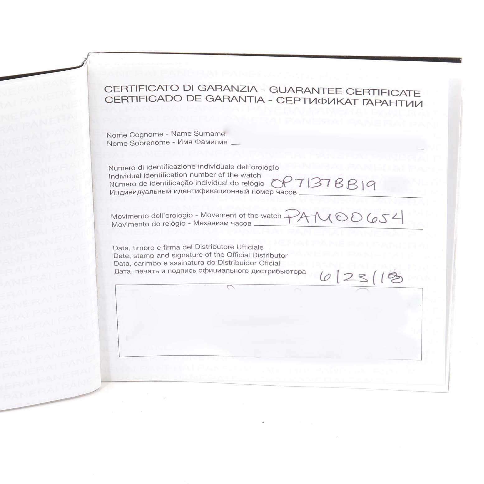 This is the guarantee certificate for a Panerai Luminor PAM00654 Men's Stainless Steel Beige Dial PAM00654 Men's Stainless Steel Beige Dial watch, shown open with details visible.