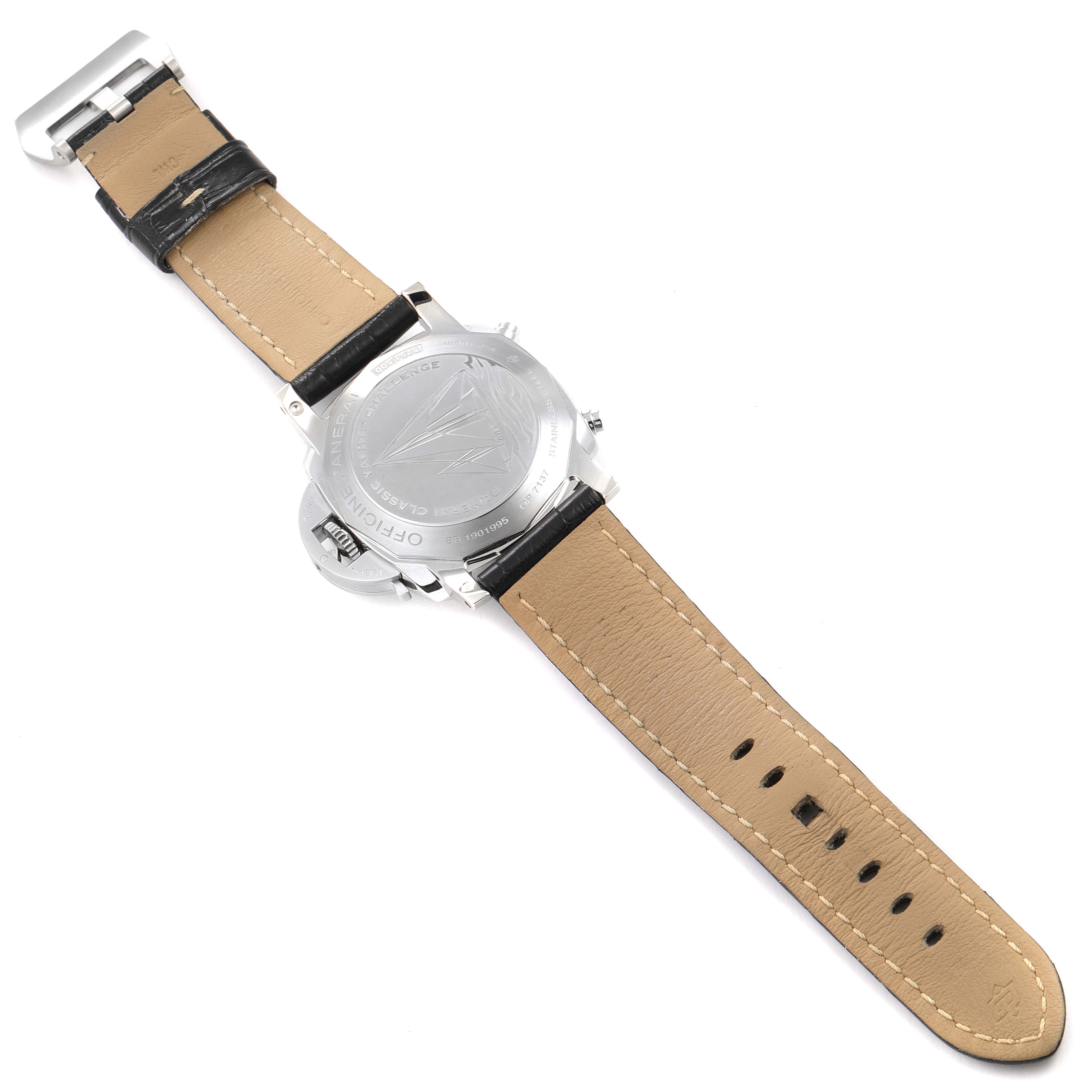 The image shows the back view of a Panerai Luminor PAM00654 Men's Stainless Steel Beige Dial PAM00654 Men's Stainless Steel Beige Dial watch, highlighting its rear case and leather strap.