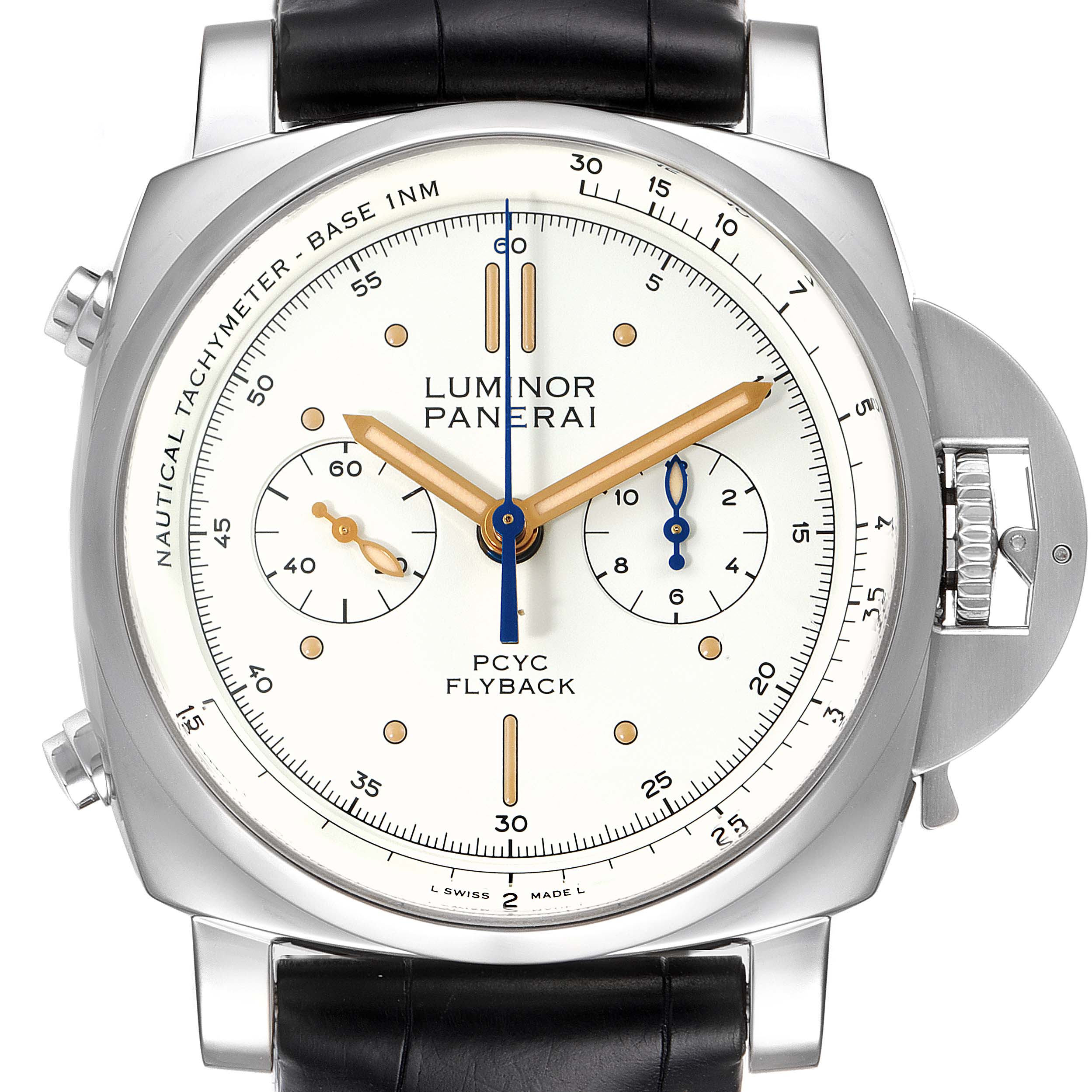 The image shows a front view of the Panerai Luminor PAM00654 Men's Stainless Steel Beige Dial PAM00654 Men's Stainless Steel Beige Dial PCYC Flyback watch, highlighting its dial, hands, and tachymeter.