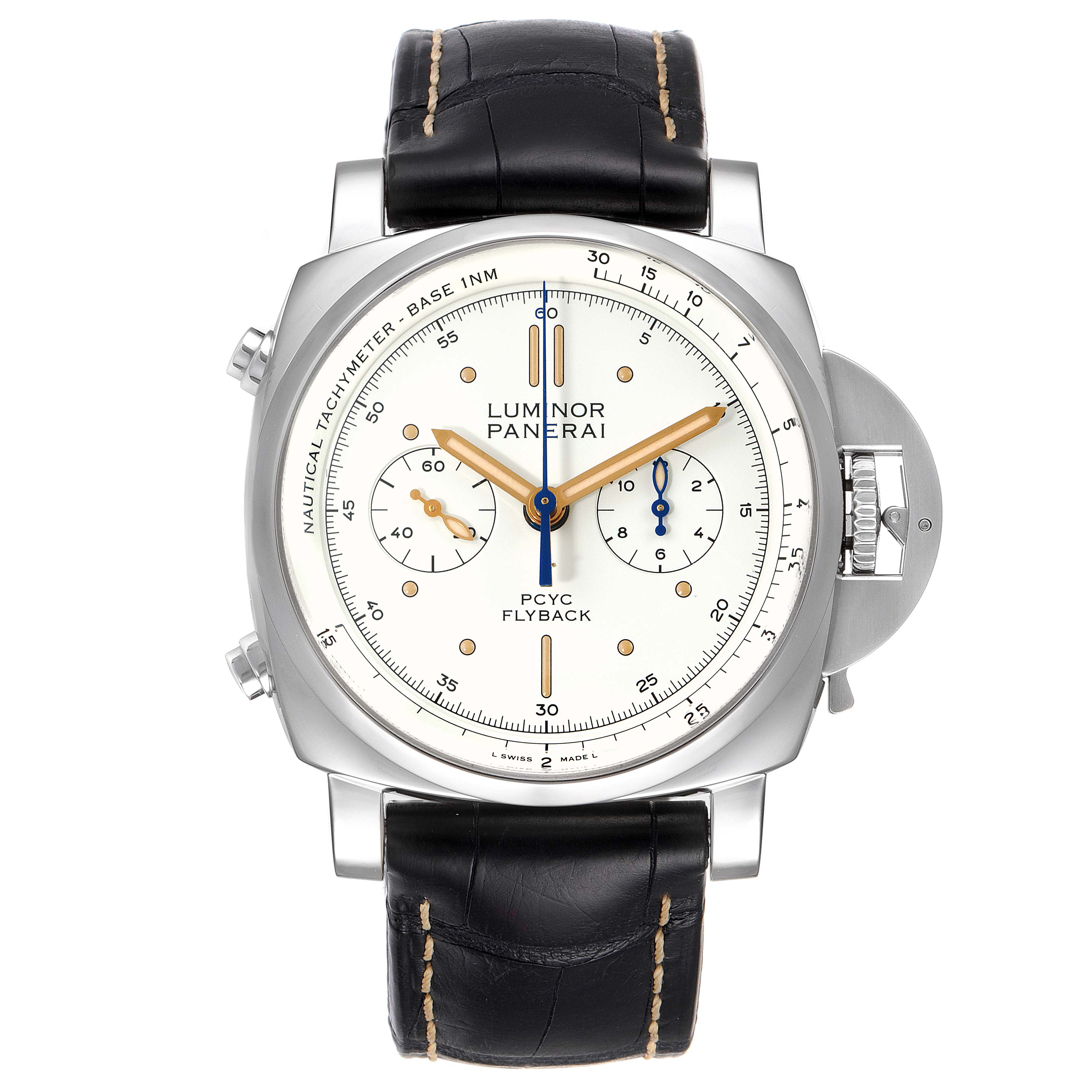 The image shows a front view of a Panerai Luminor PAM00654 Men's Stainless Steel Beige Dial PAM00654 Men's Stainless Steel Beige Dial PCYC Flyback watch with a black leather strap and silver case.