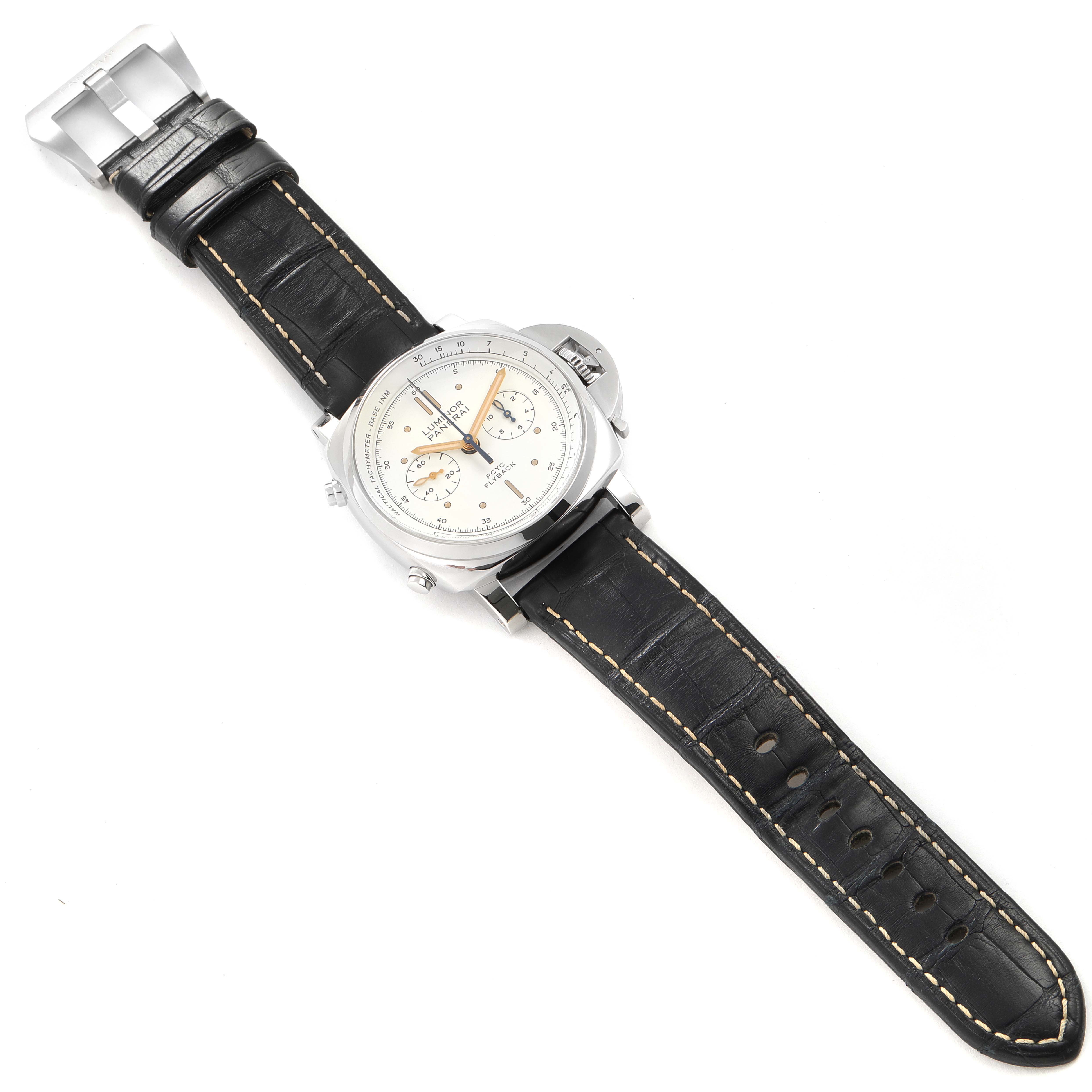 The image shows a Panerai Luminor PAM00654 Men's Stainless Steel Beige Dial PAM00654 Men's Stainless Steel Beige Dial watch laid flat, displaying its face, black leather strap, and buckle from a top-down angle.