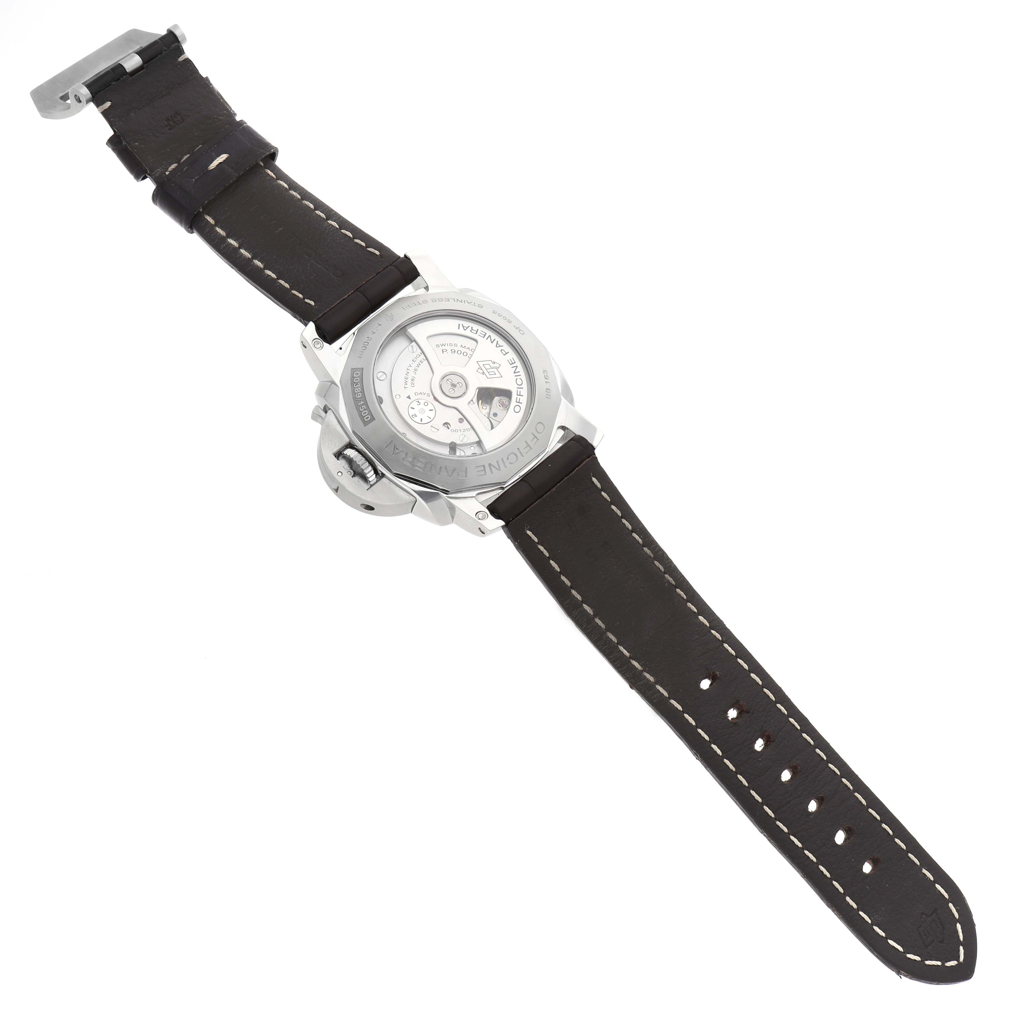 The image shows the back view of a Panerai Luminor PAM00531 Men's Stainless Steel Black Dial watch, highlighting the movement through the transparent case back and the leather strap.