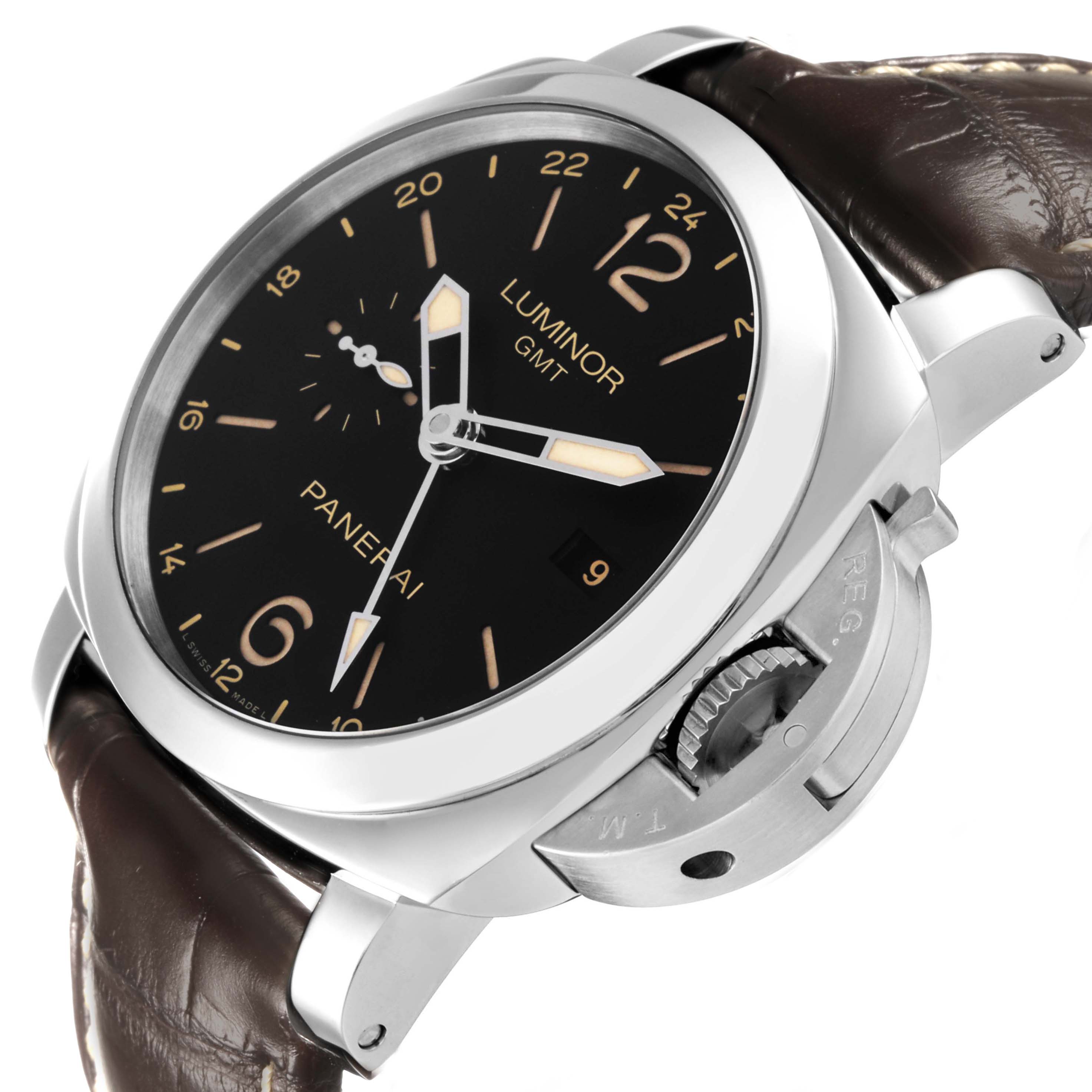 The image shows a Panerai Luminor PAM00531 Men's Stainless Steel Black Dial watch at an angled view, displaying the face, crown guard, and part of the leather strap.