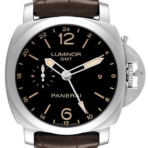 The Panerai Luminor PAM00531 Men's Stainless Steel Black Dial GMT watch is shown from the front, displaying its face, case, crown guard, and brown leather strap.