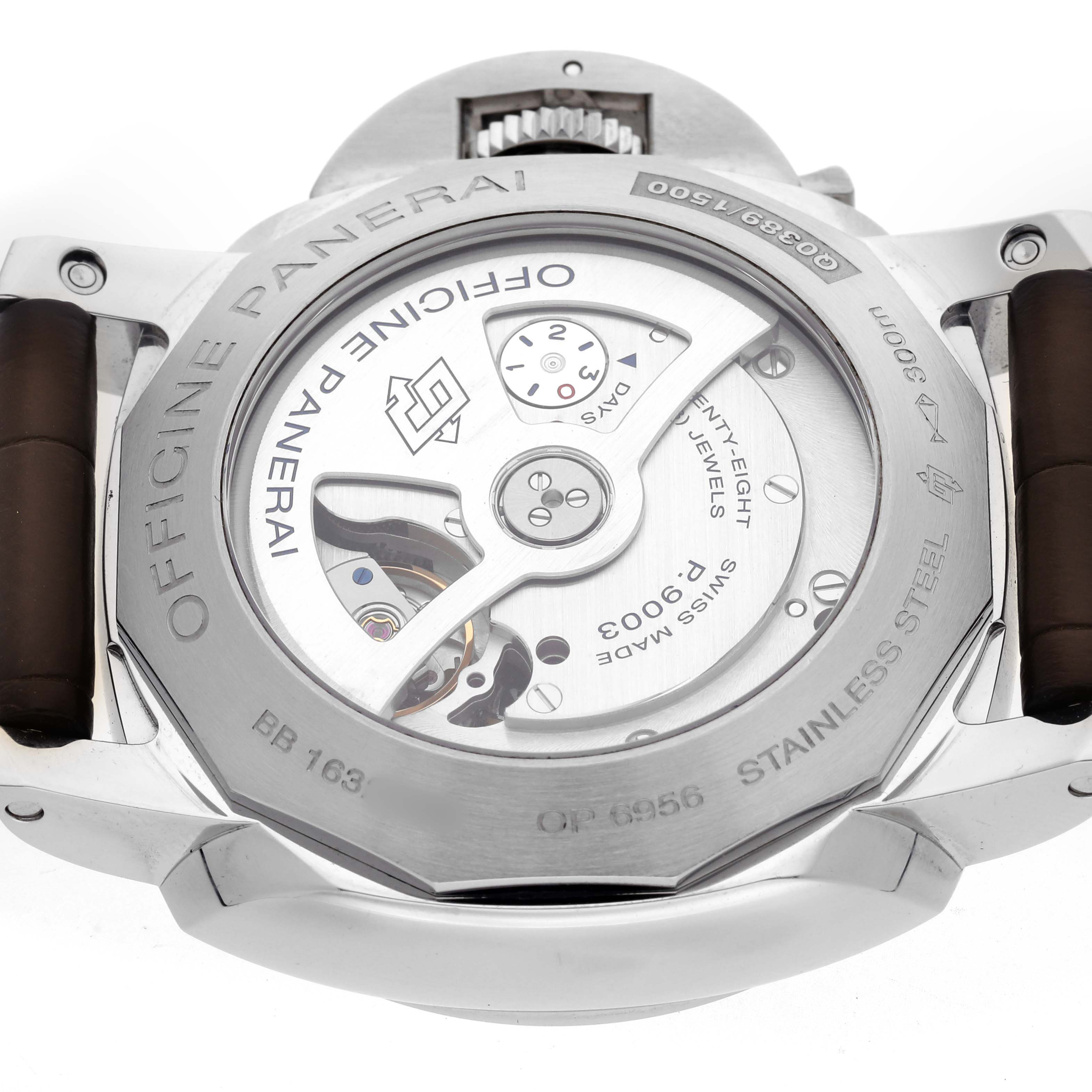 The image shows the back case of the Panerai Luminor PAM00531 Men's Stainless Steel Black Dial, displaying its movement and engraved details.