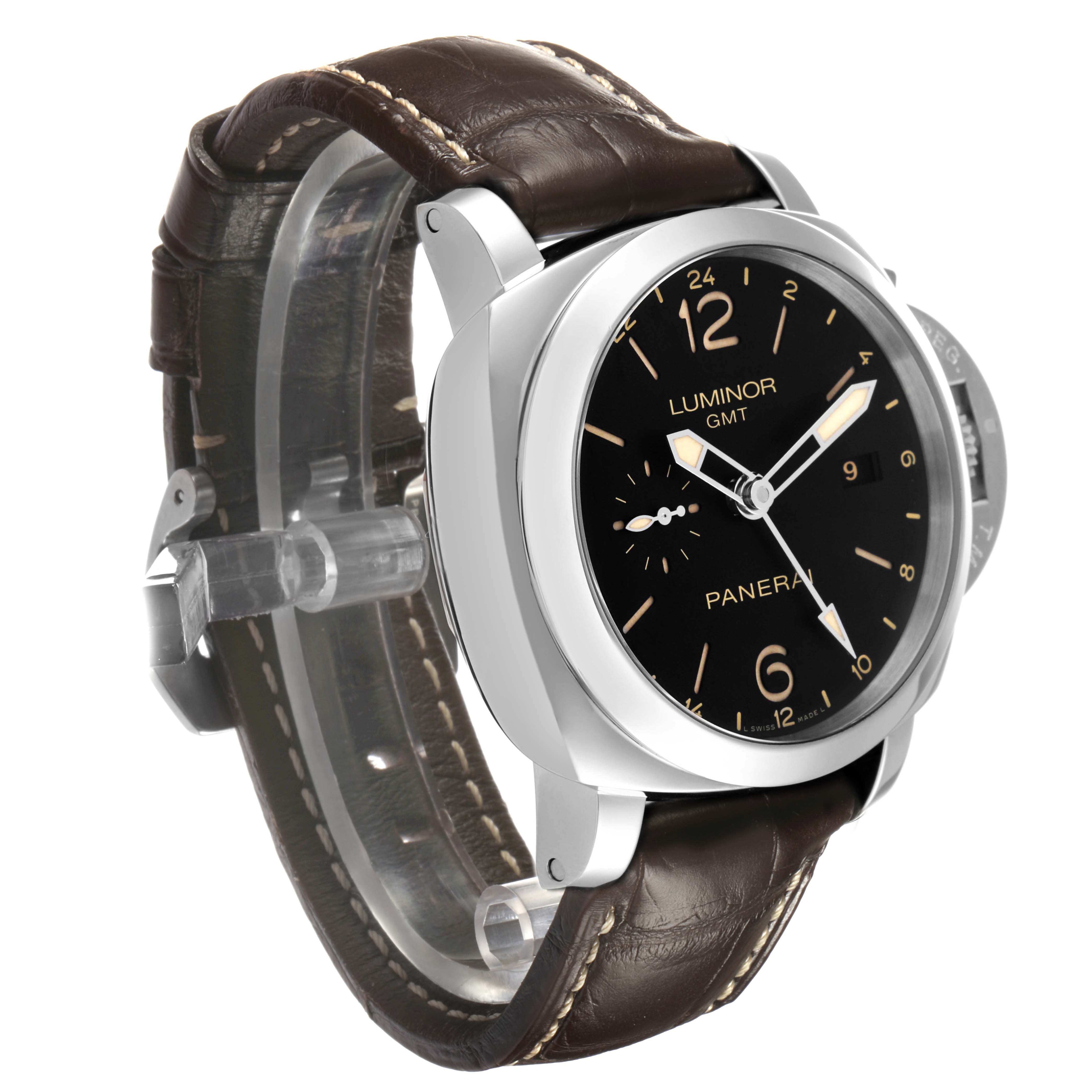The Panerai Luminor PAM00531 Men's Stainless Steel Black Dial watch is shown from a three-quarter angle, highlighting the face, case, and brown leather strap.