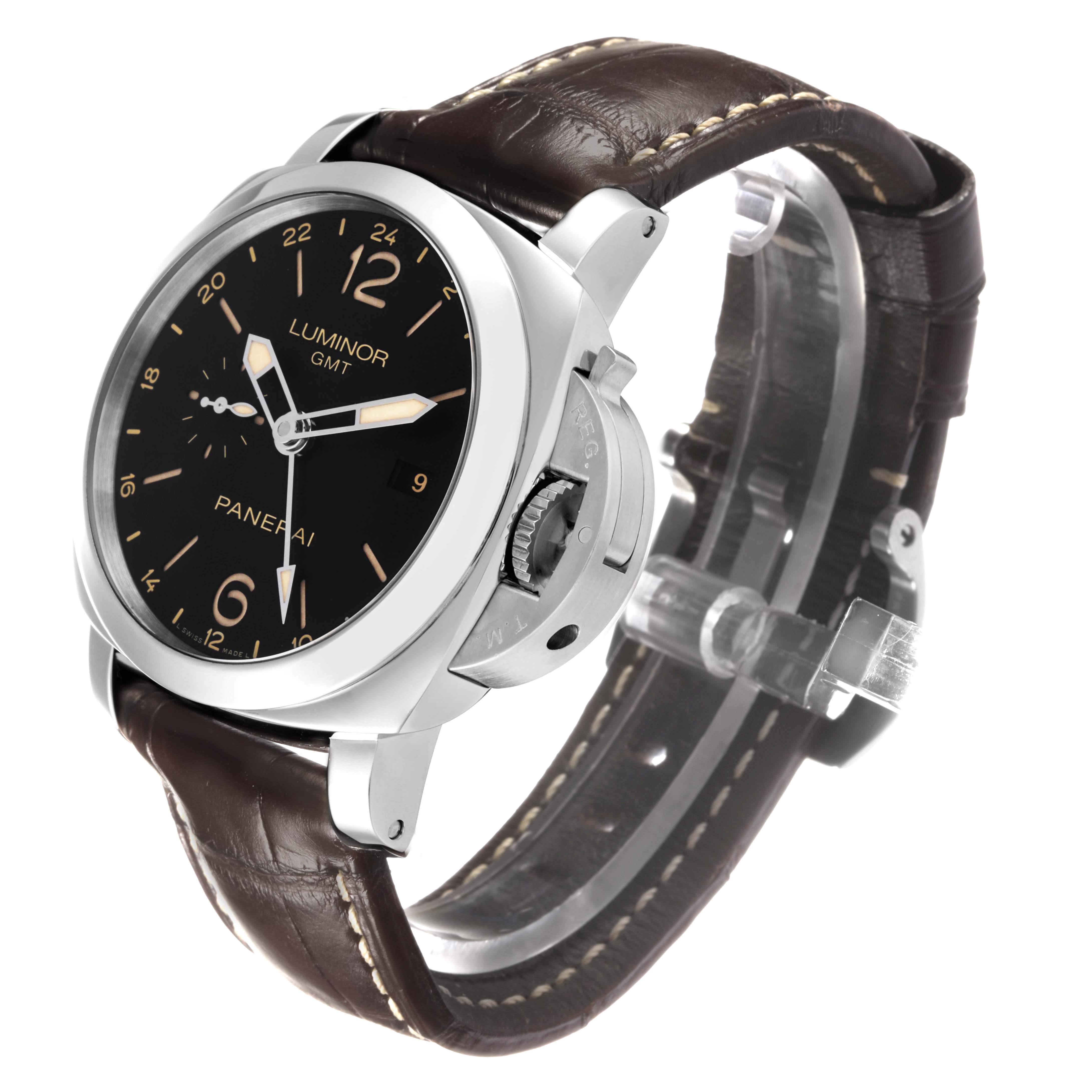 The Panerai Luminor PAM00531 Men's Stainless Steel Black Dial watch is shown at a three-quarter angle, displaying the dial, crown guard, and leather strap.