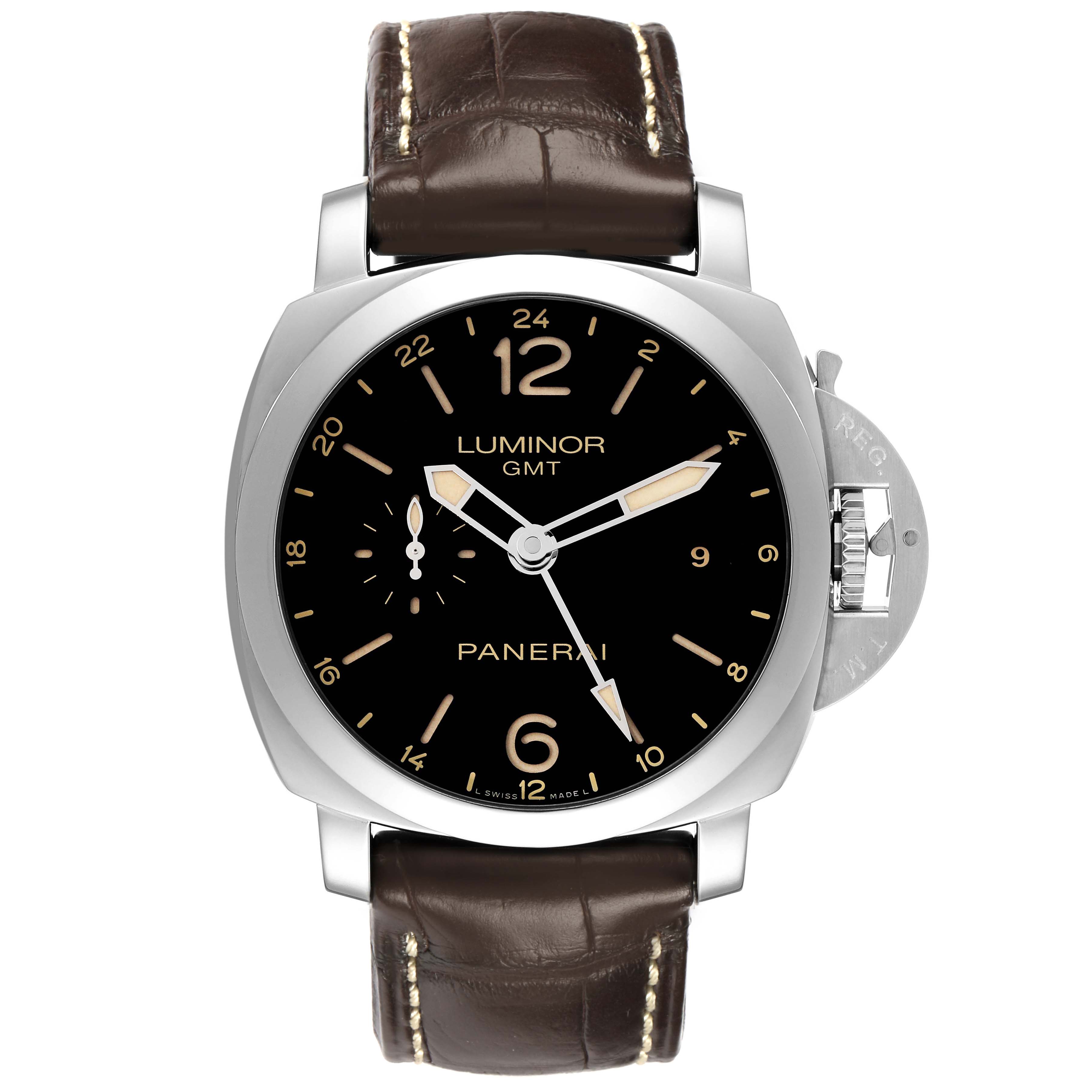The Panerai Luminor PAM00531 Men's Stainless Steel Black Dial watch is shown from a front angle, displaying its dial, leather strap, and signature crown guard.