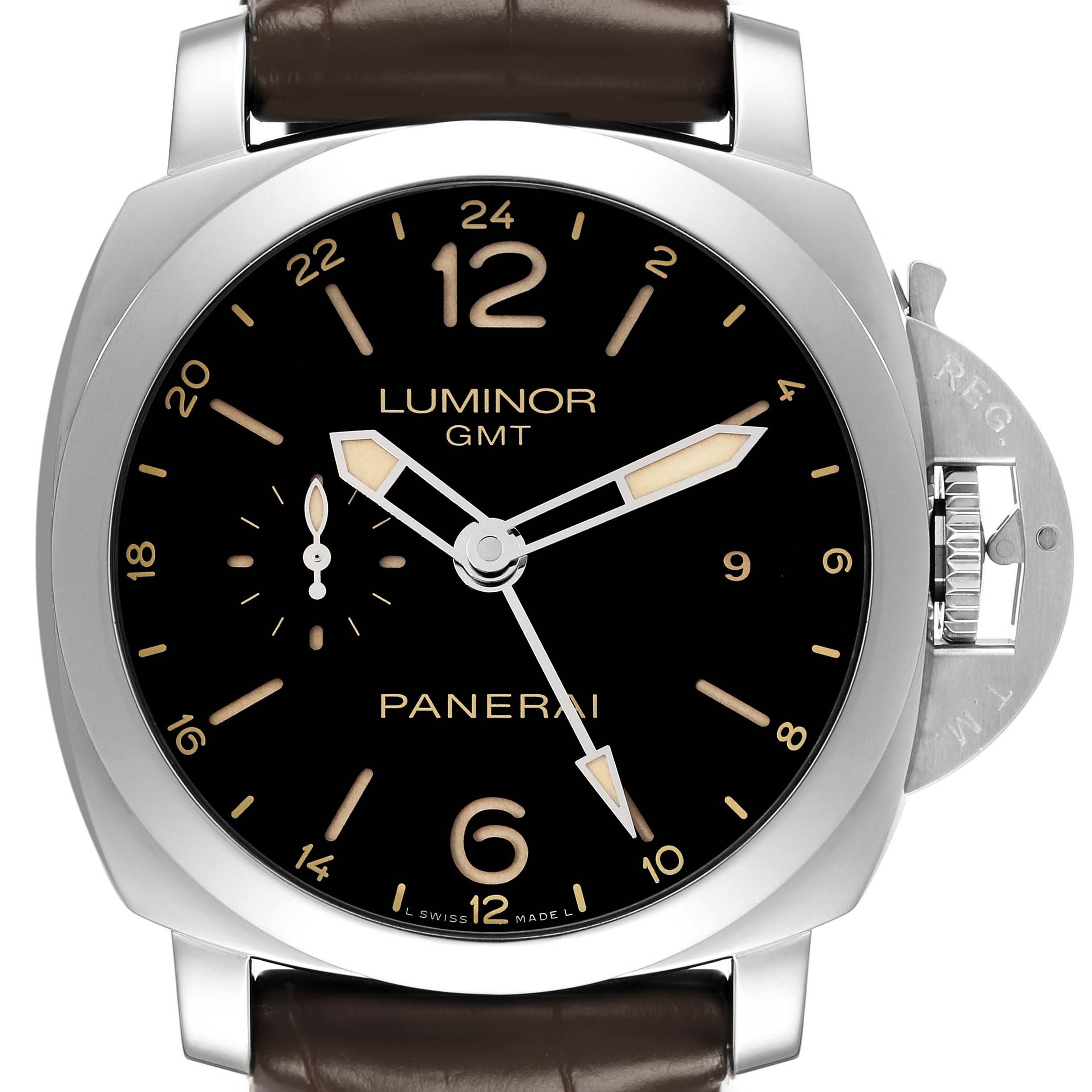 The Panerai Luminor PAM00531 Men's Stainless Steel Black Dial GMT watch is shown from the front, displaying its dial, hands, and signature crown guard.