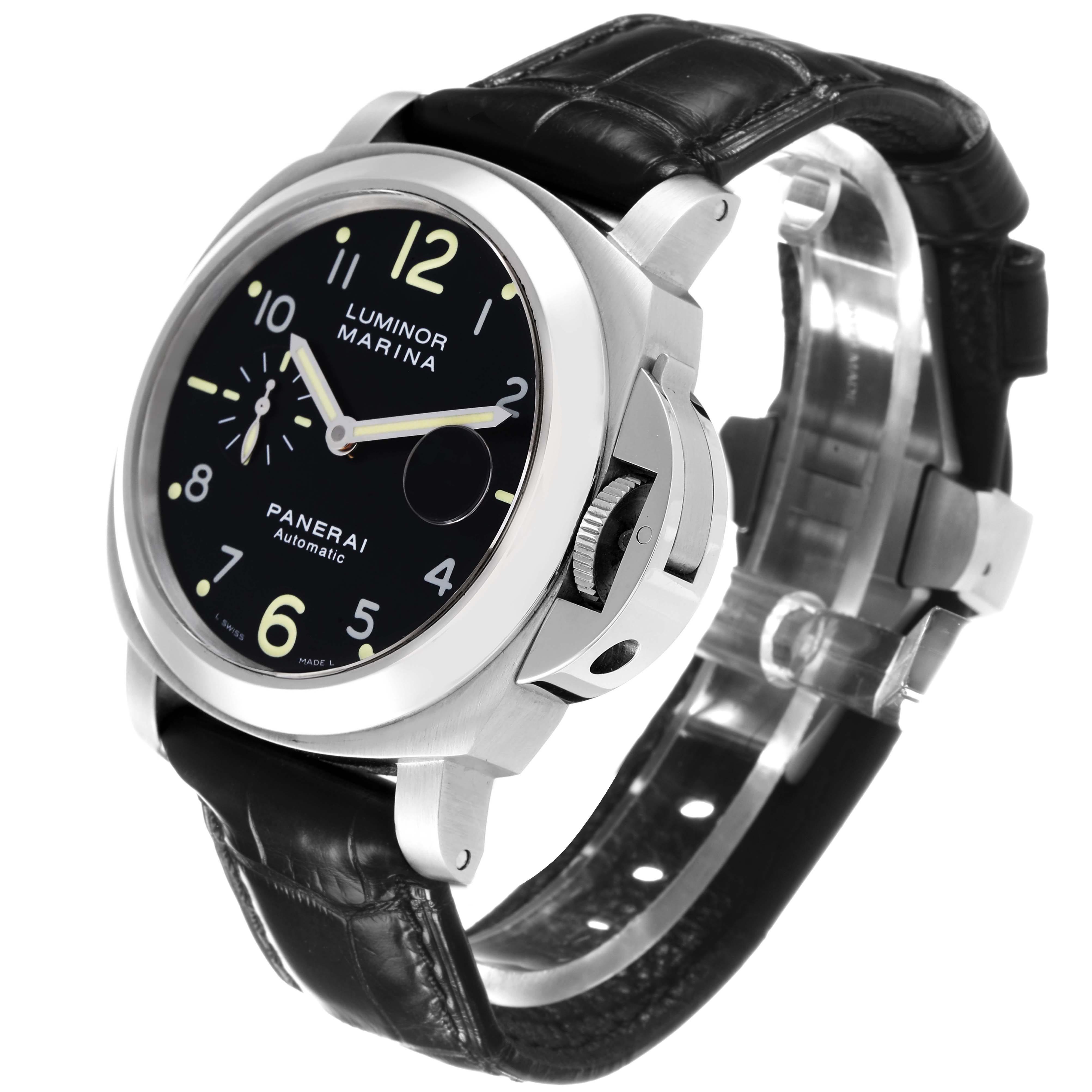 The Panerai Luminor PAM00164 Men's Stainless Steel Black Dial watch is angled to show the face, crown guard, and full leather strap.