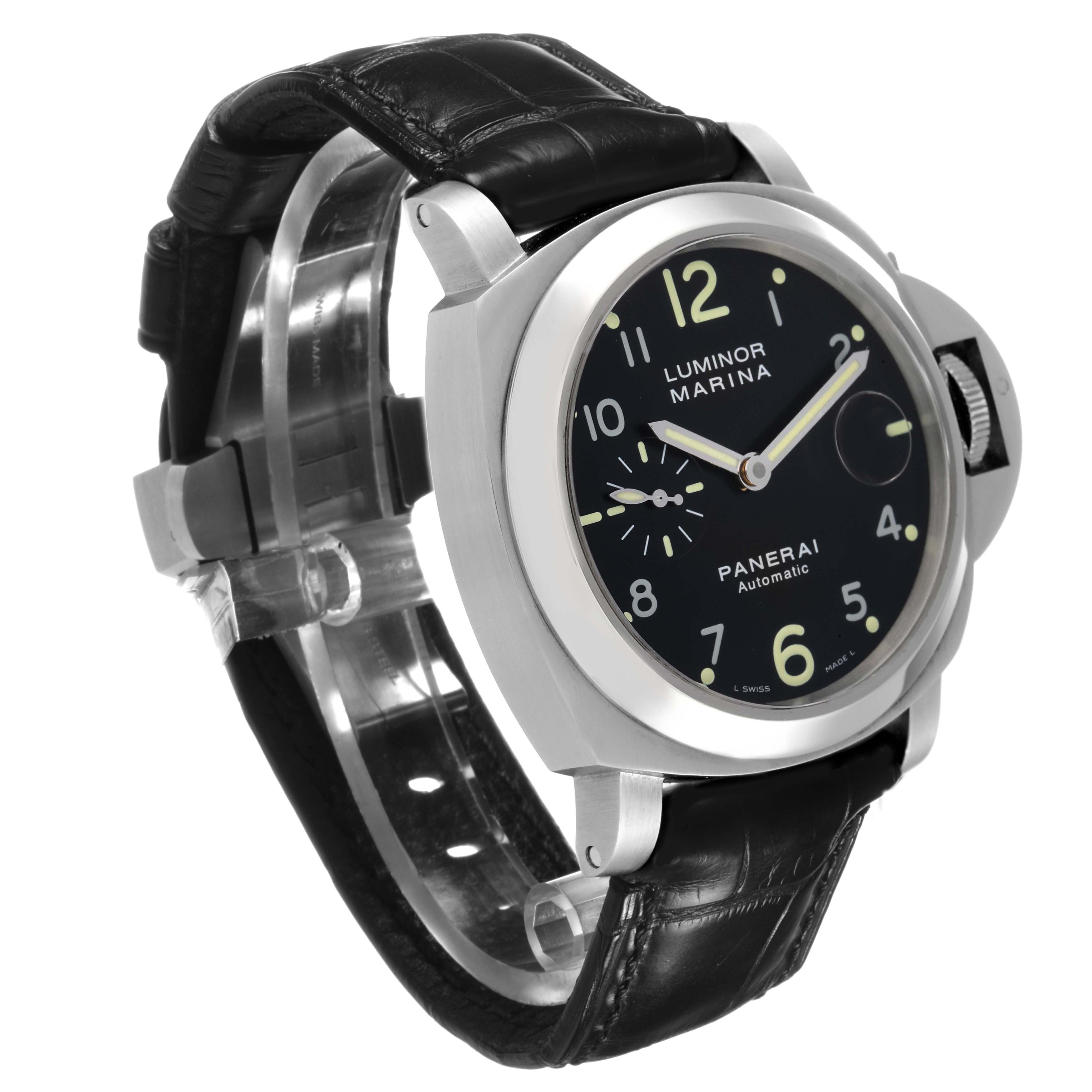 The Panerai Luminor PAM00164 Men's Stainless Steel Black Dial watch is shown at a front angle, displaying the dial, crown guard, and leather strap.