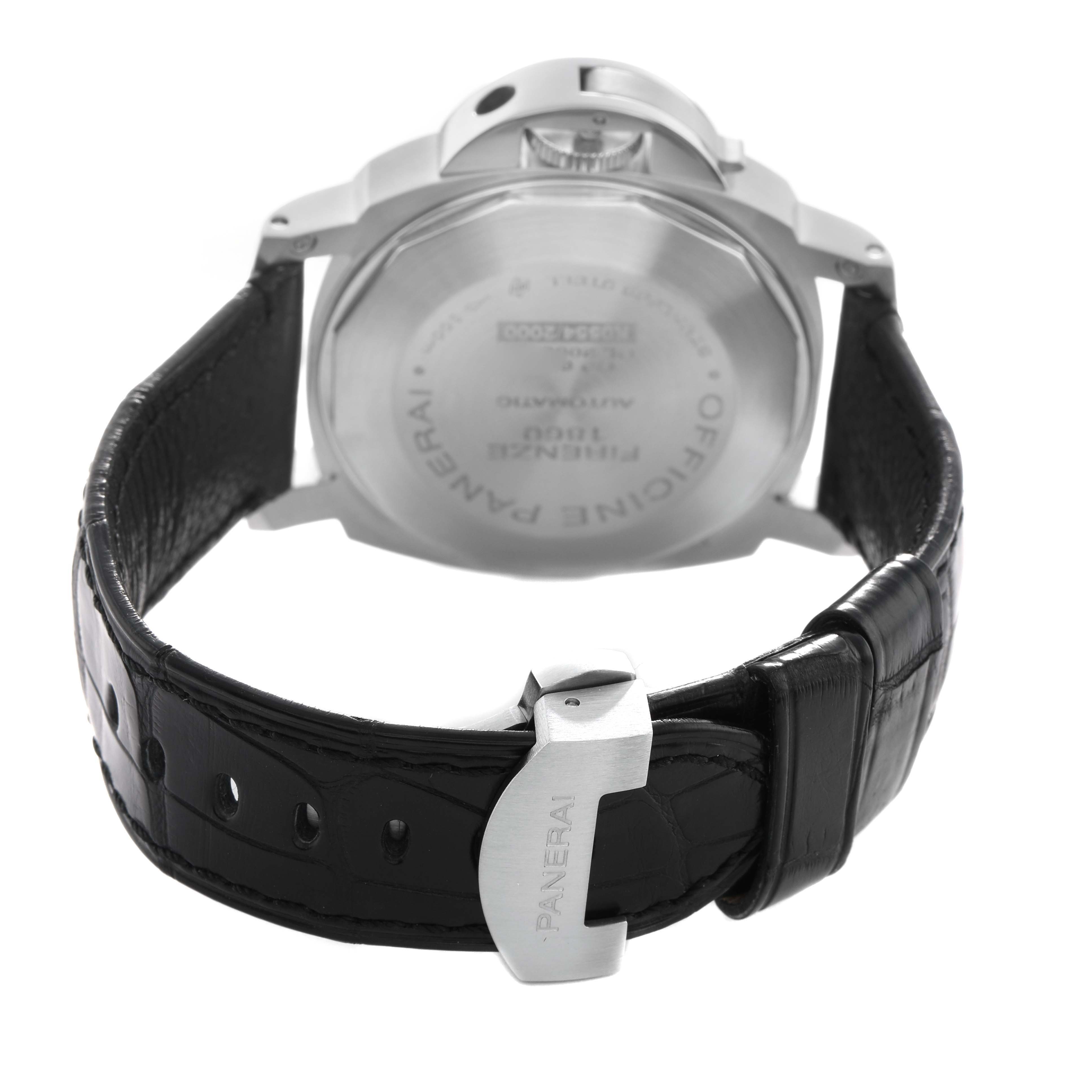 The image shows the back of a Panerai Luminor PAM00164 Men's Stainless Steel Black Dial watch, highlighting the case back, crown, and leather strap with a buckle.
