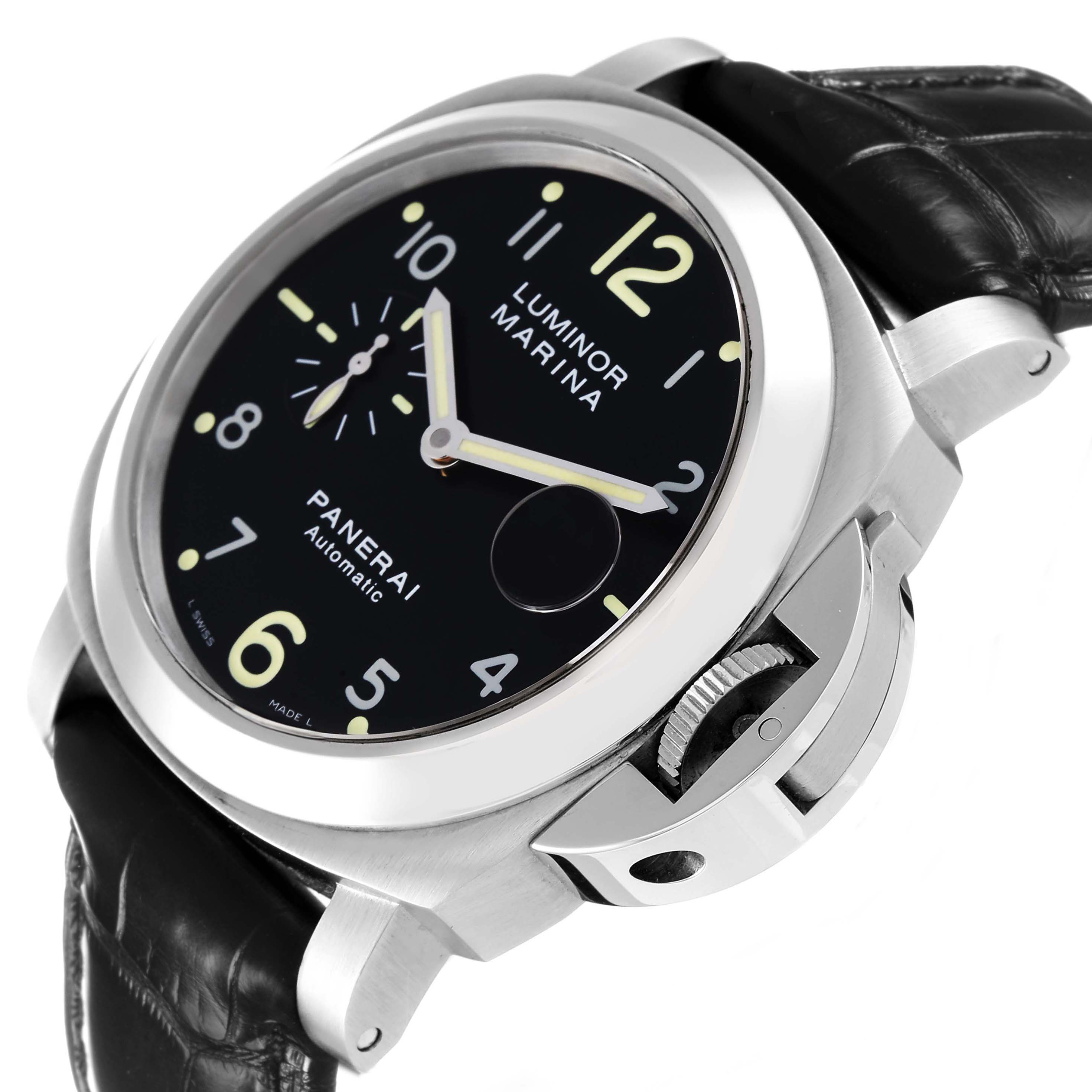 The Panerai Luminor PAM00164 Men's Stainless Steel Black Dial watch is shown at an angle highlighting the dial, crown guard, and leather strap.