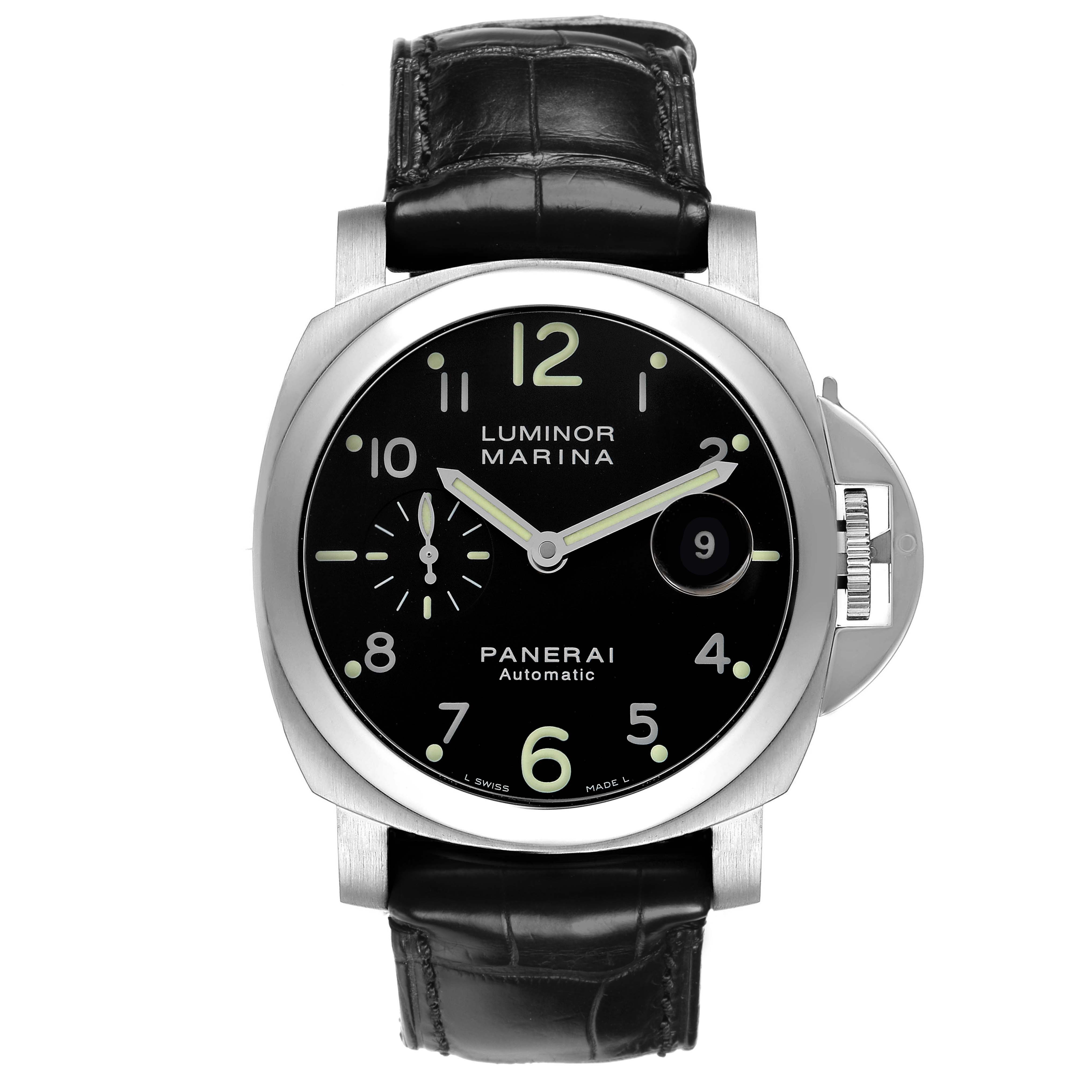 The Panerai Luminor PAM00164 Men's Stainless Steel Black Dial watch is shown from a front angle, highlighting the dial, leather strap, and crown guard.