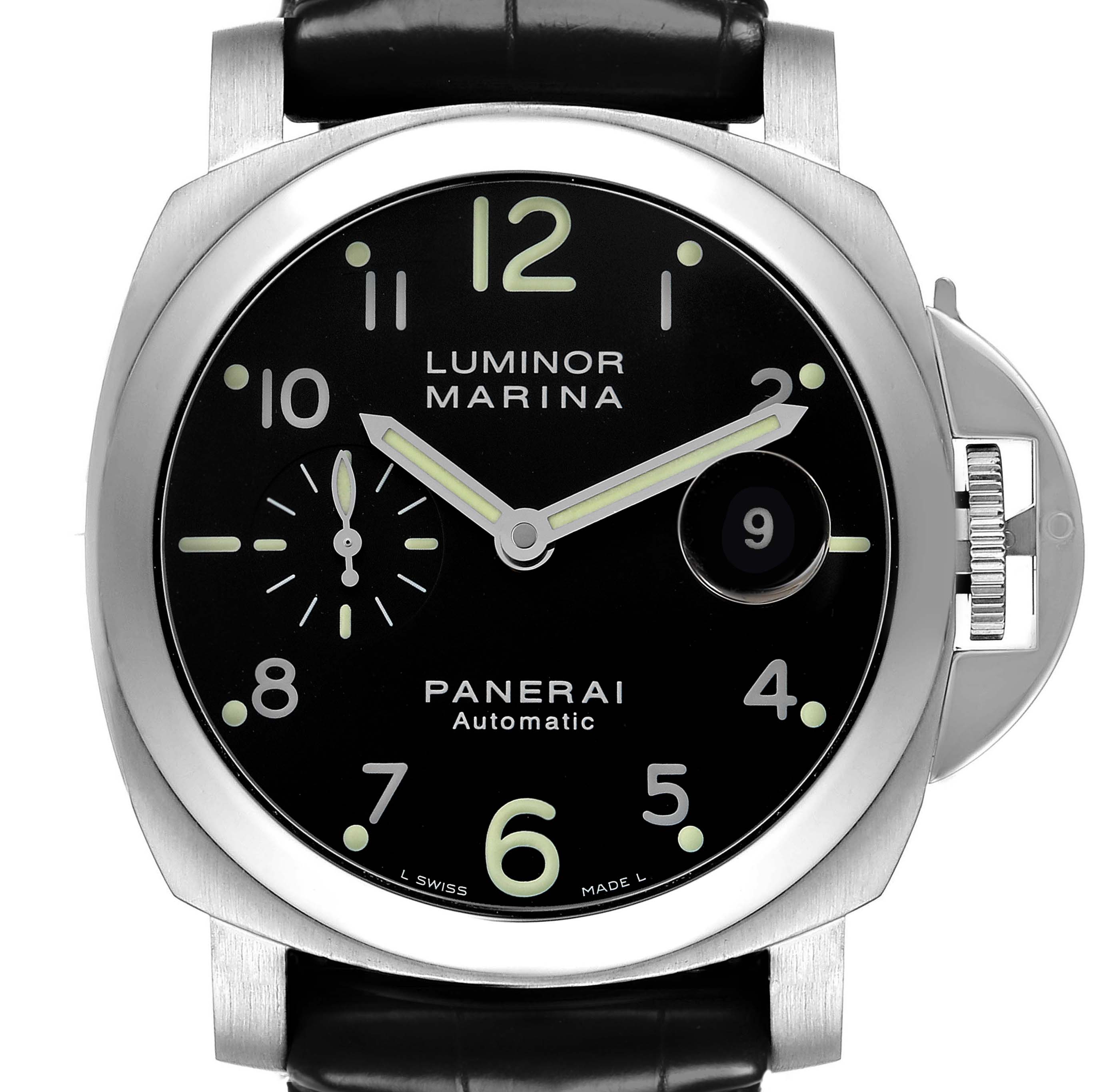 The Panerai Luminor PAM00164 Men's Stainless Steel Black Dial watch is shown from the front, displaying the dial, hands, numerals, and crown guard.