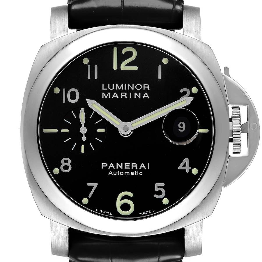 The Panerai Luminor PAM00164 Men's Stainless Steel Black Dial watch is shown from the front, displaying the dial, hands, numerals, and crown guard.
