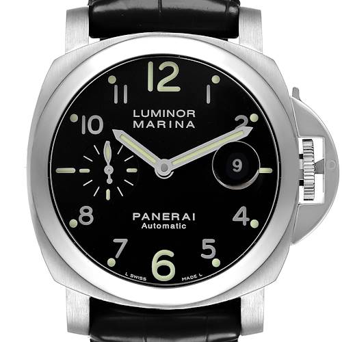 The Panerai Luminor PAM00164 Men's Stainless Steel Black Dial watch is shown from the front, highlighting its dial, crown guard, and strap connection.