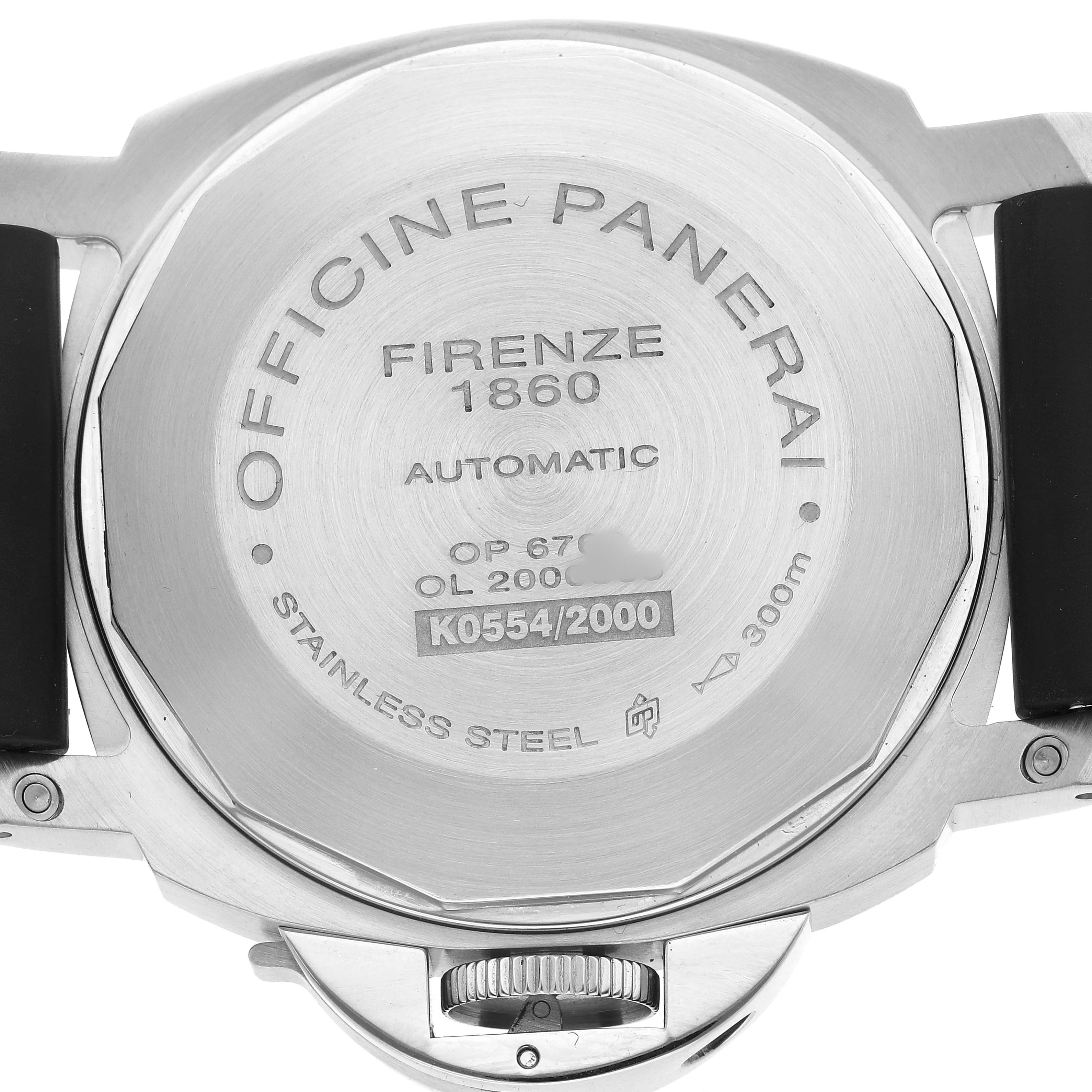 The image shows the back of a Panerai Luminor PAM00164 Men's Stainless Steel Black Dial watch, highlighting the engraved details and crown from a rear angle.