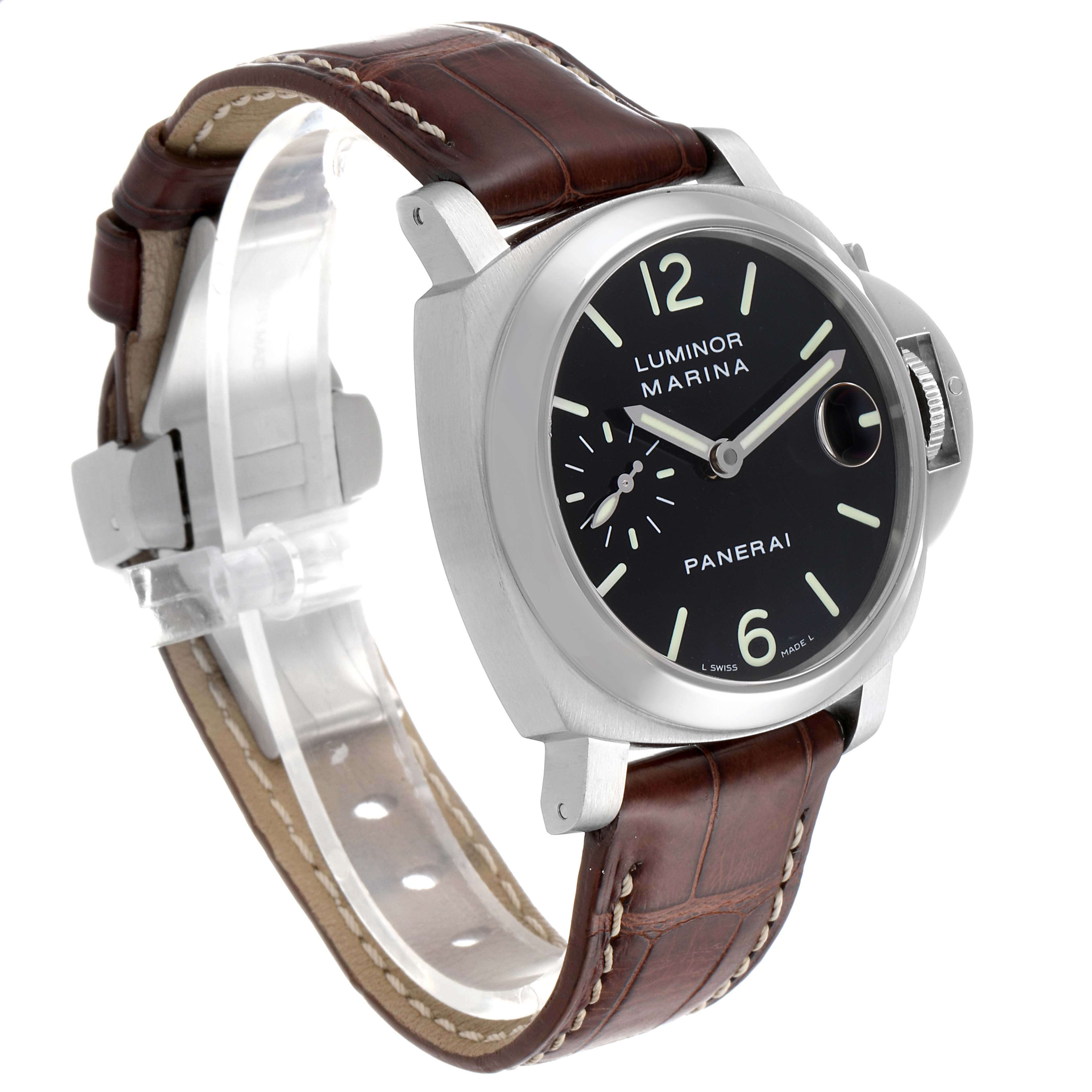 This image shows a Panerai Luminor PAM00048 Men's Stainless Steel Black Dial PAM00048 Men's Stainless Steel Black Dial watch at an angle highlighting its dial, bezel, crown, and leather strap.