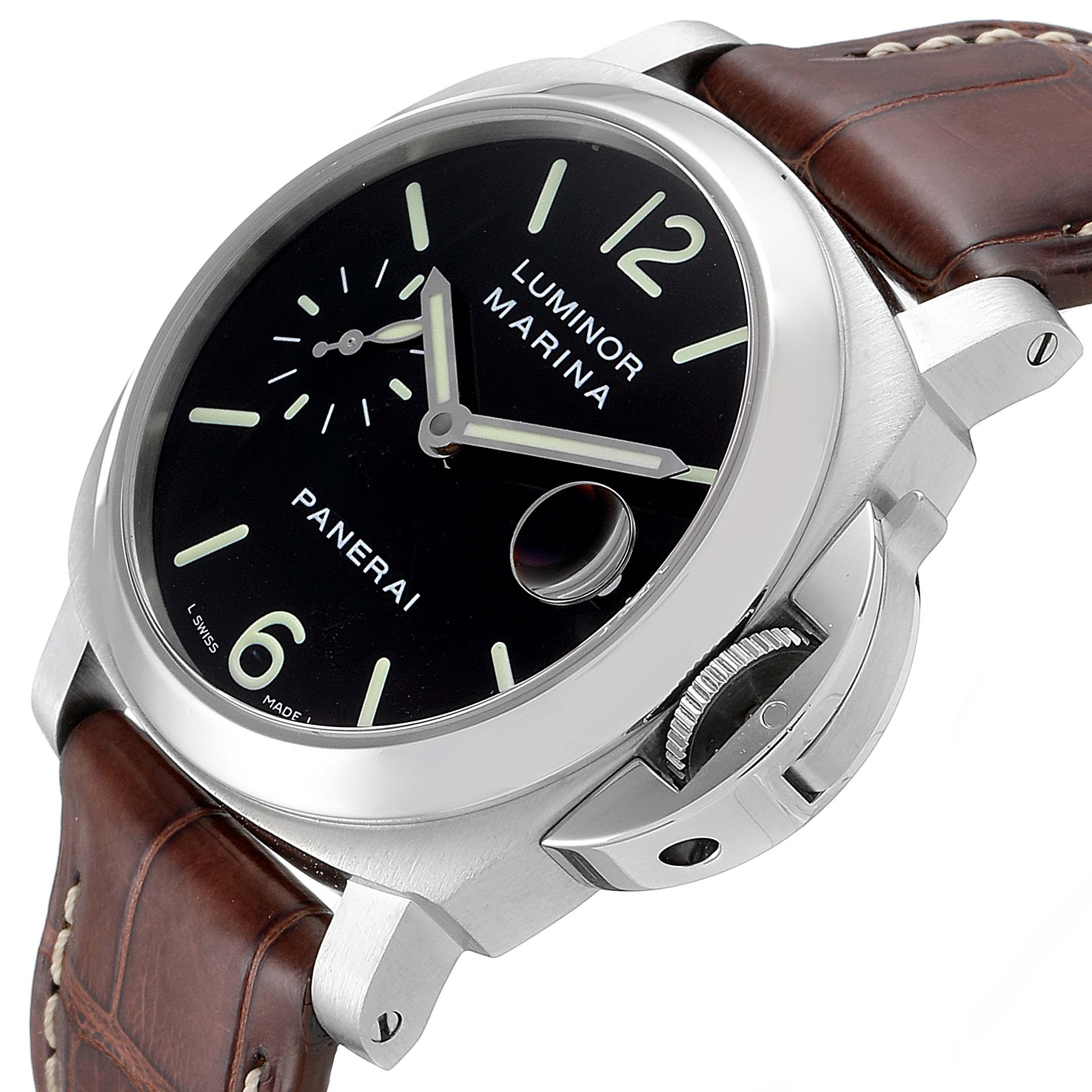 The image shows a Panerai Luminor PAM00048 Men's Stainless Steel Black Dial PAM00048 Men's Stainless Steel Black Dial Marina watch at a slight oblique angle, highlighting its black dial, crown guard, and brown leather strap.