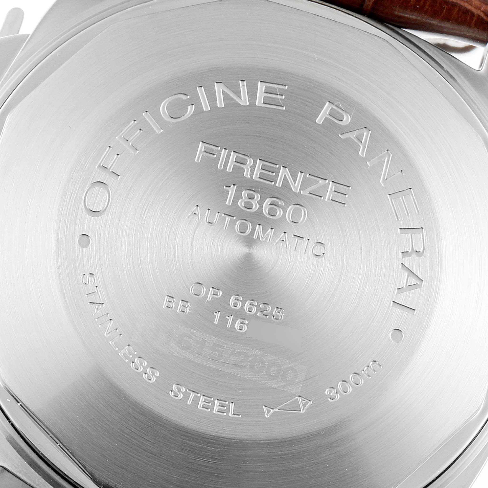 The image shows the engraved stainless steel case back of a Panerai Luminor PAM00048 Men's Stainless Steel Black Dial PAM00048 Men's Stainless Steel Black Dial watch, taken from a close-up angle.