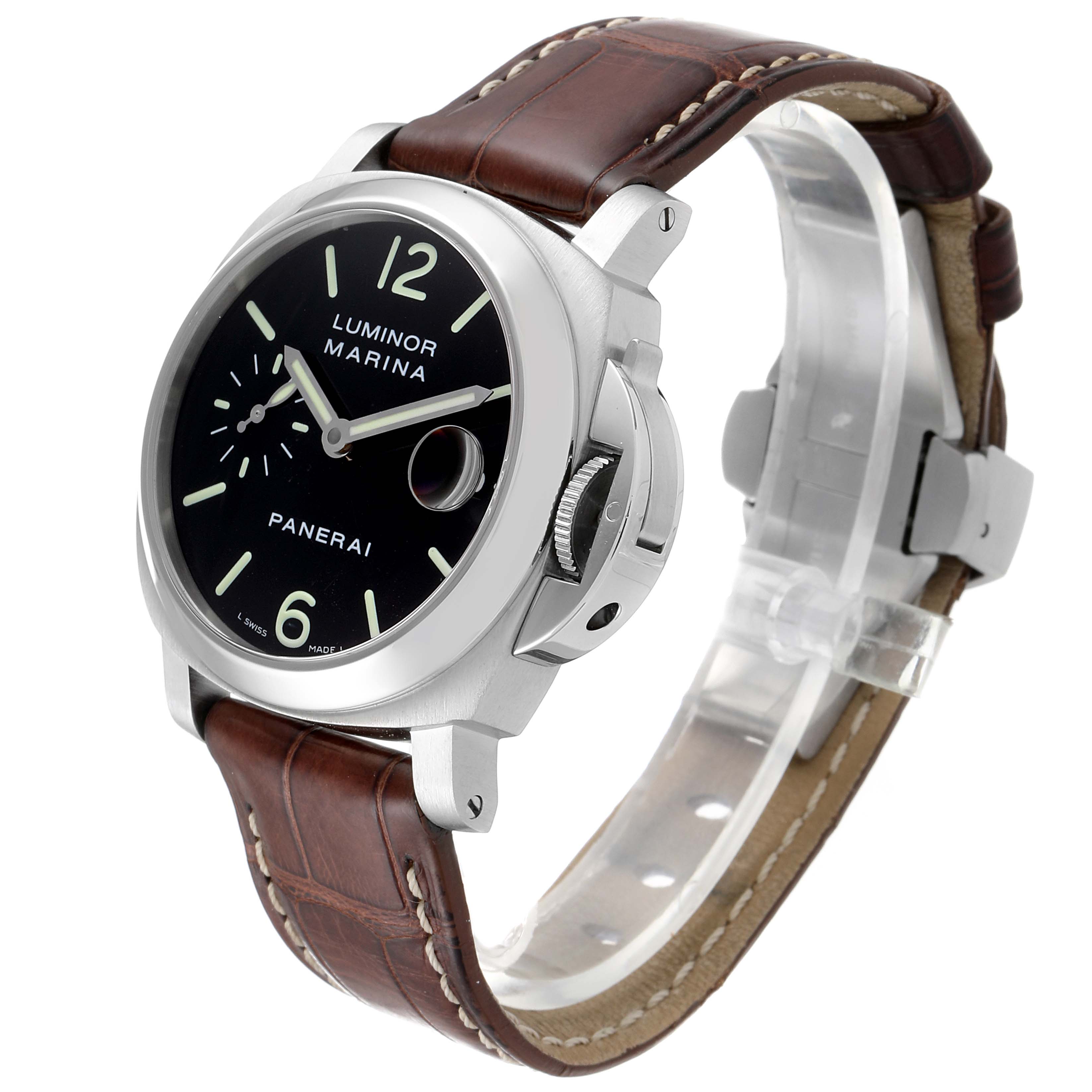 This image shows a Panerai Luminor PAM00048 Men's Stainless Steel Black Dial PAM00048 Men's Stainless Steel Black Dial watch angled slightly to the left, highlighting its face, bezel, crown guard, and leather strap.