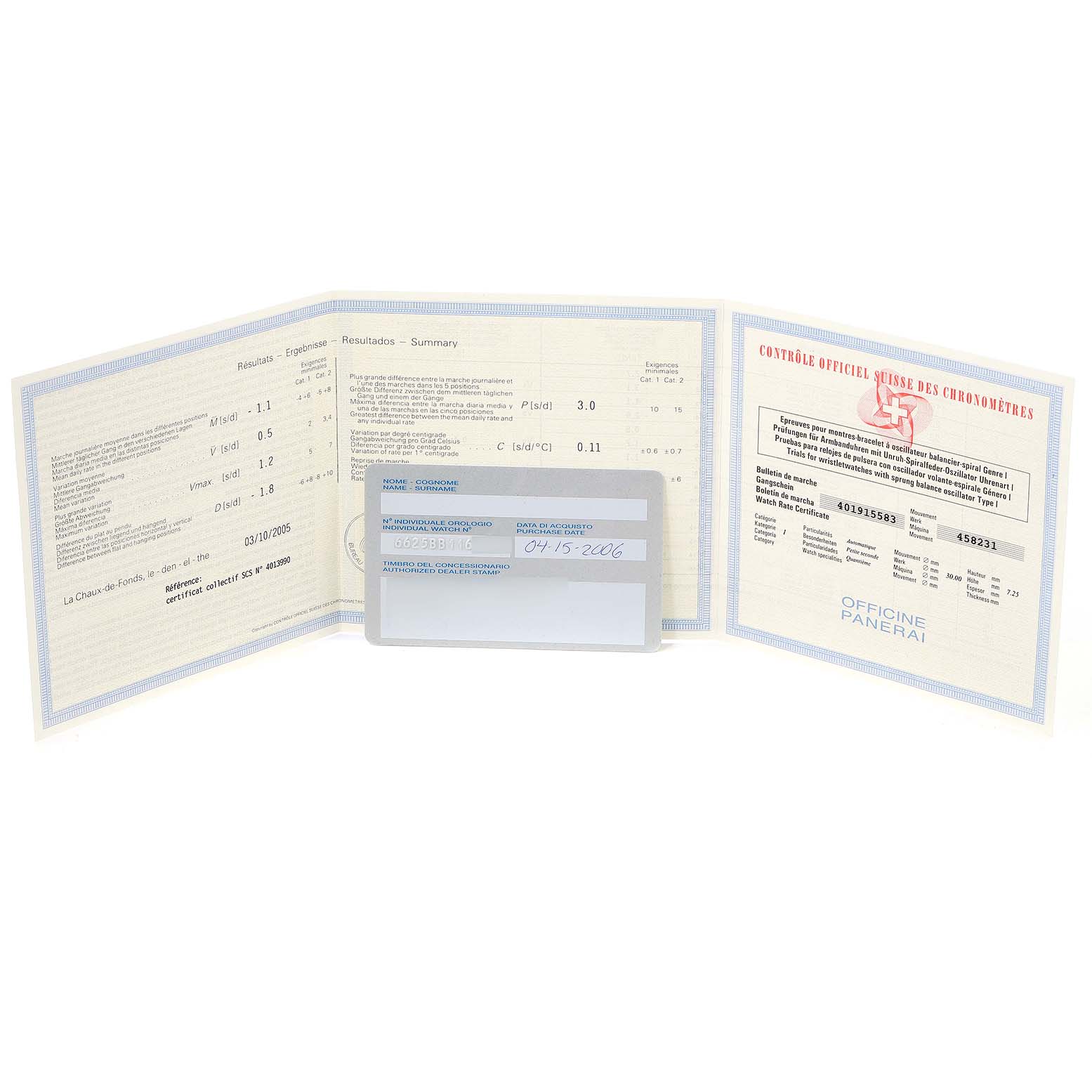 The image shows certification papers and an authenticity card for a Luminor model by Panerai.