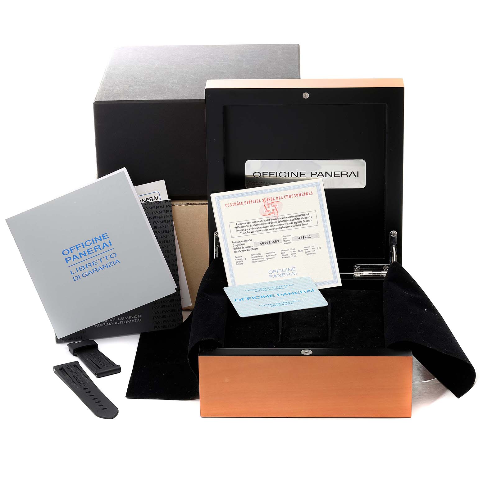 The image shows the Panerai Luminor PAM00048 Men's Stainless Steel Black Dial PAM00048 Men's Stainless Steel Black Dial watch packaging, including a wooden box, documentation, and an additional strap.