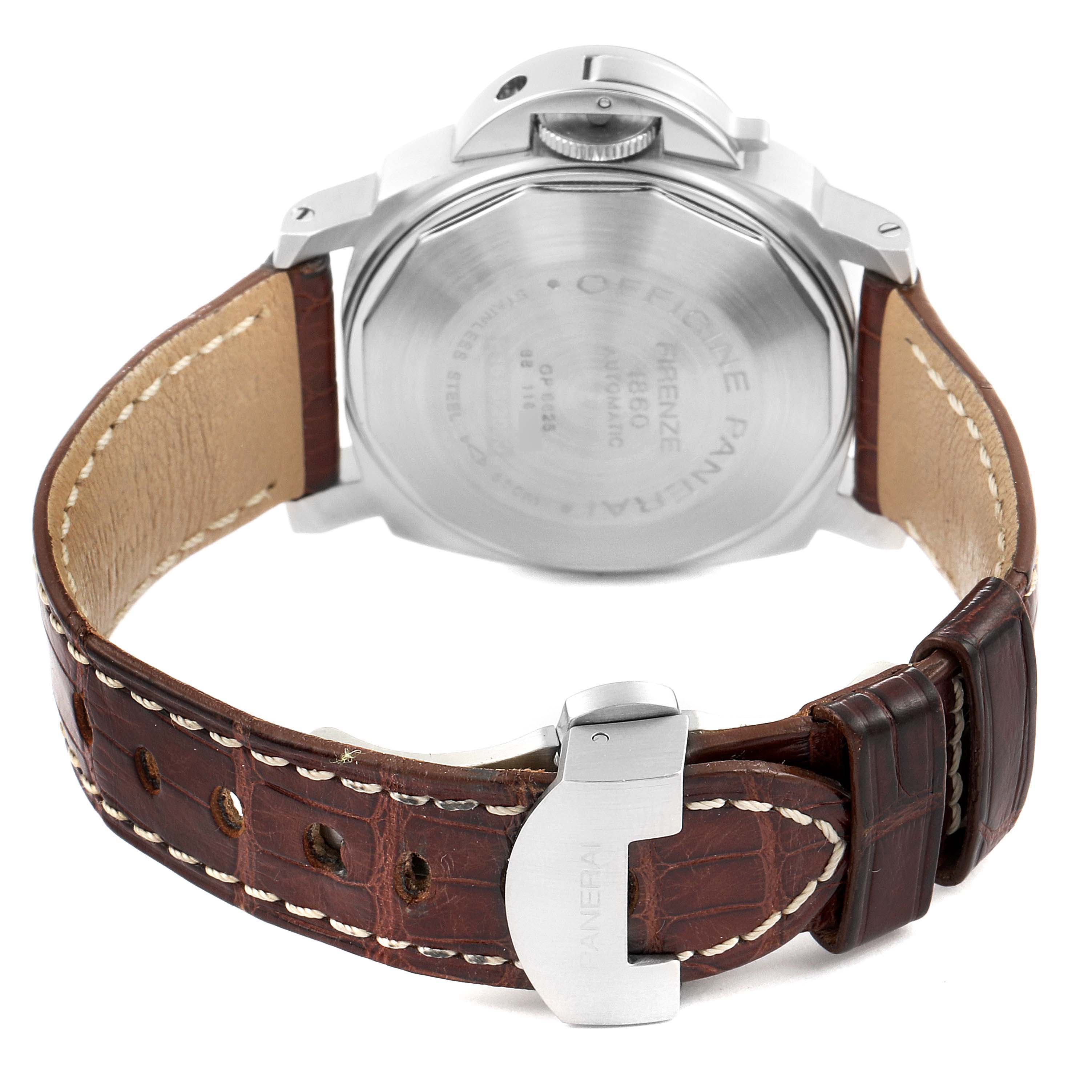 The image shows the back casing and leather strap of a Panerai Luminor PAM00048 Men's Stainless Steel Black Dial PAM00048 Men's Stainless Steel Black Dial watch.