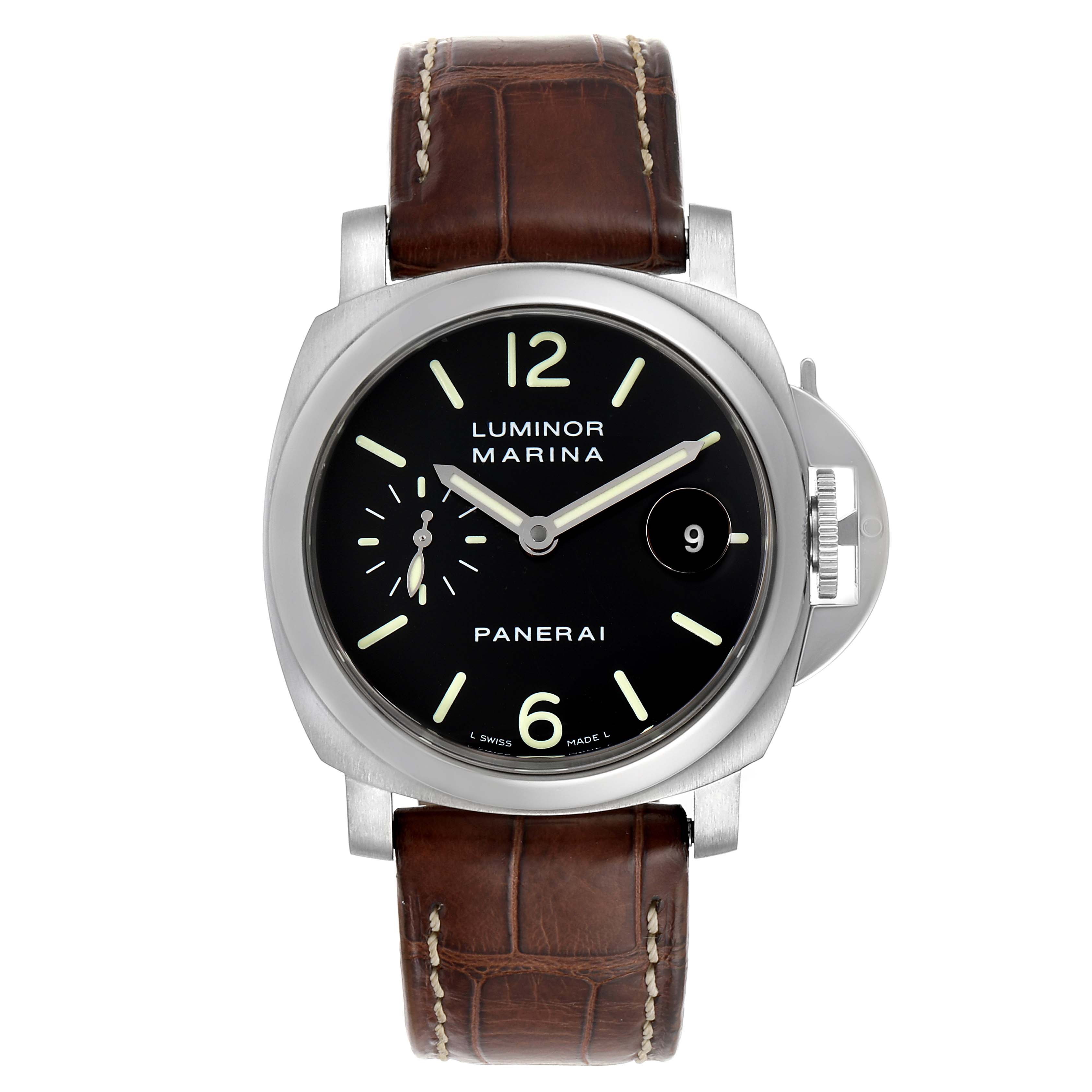 The image shows a front view of the Panerai Luminor PAM00048 Men's Stainless Steel Black Dial PAM00048 Men's Stainless Steel Black Dial Marina watch with a brown leather strap, black dial, and silver case.