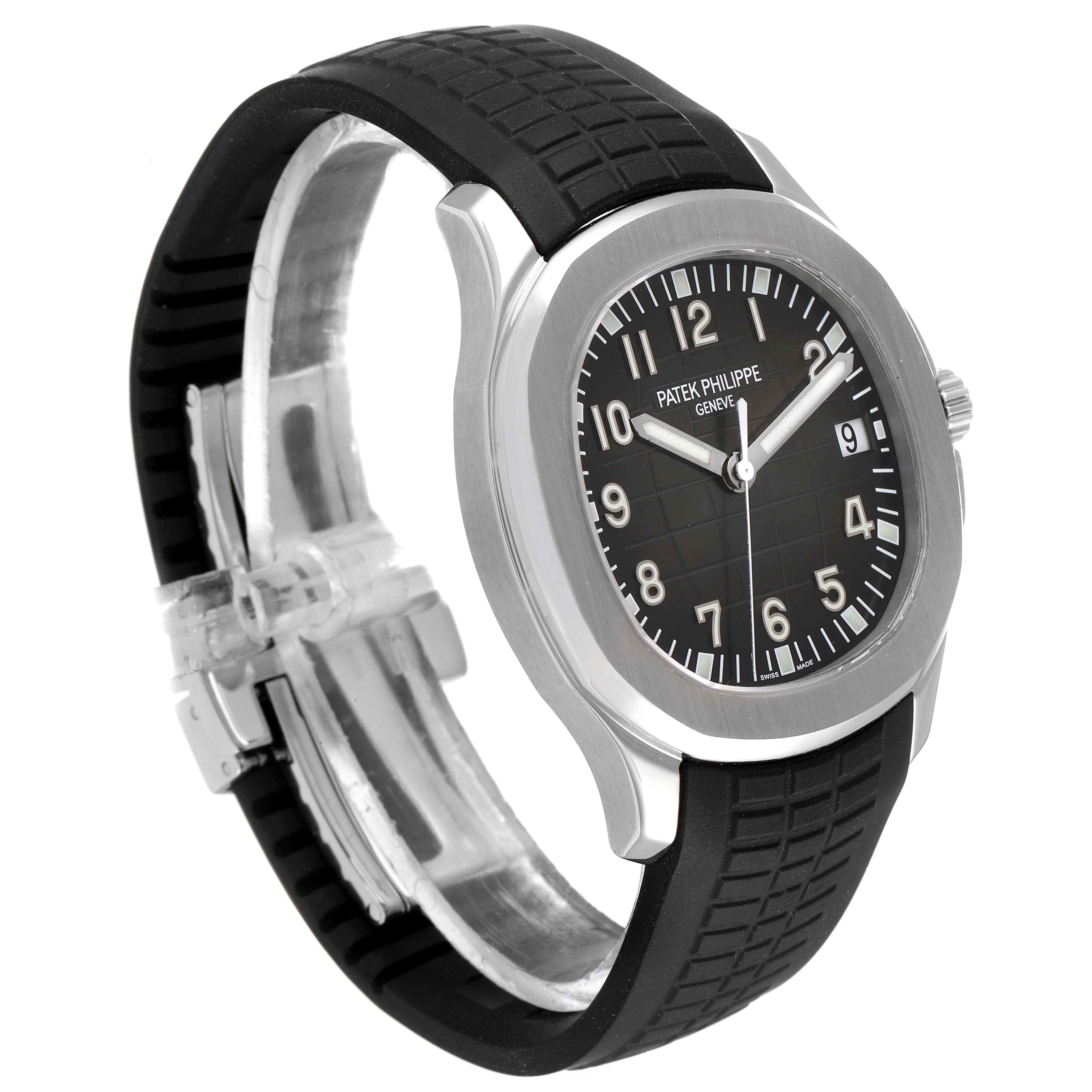 The image shows a side and angled view of a Patek Philippe Aquanaut 5167A Men's Stainless Steel Black Dial 5167A Men's Stainless Steel Black Dial watch with its face, case, and rubber strap visible.