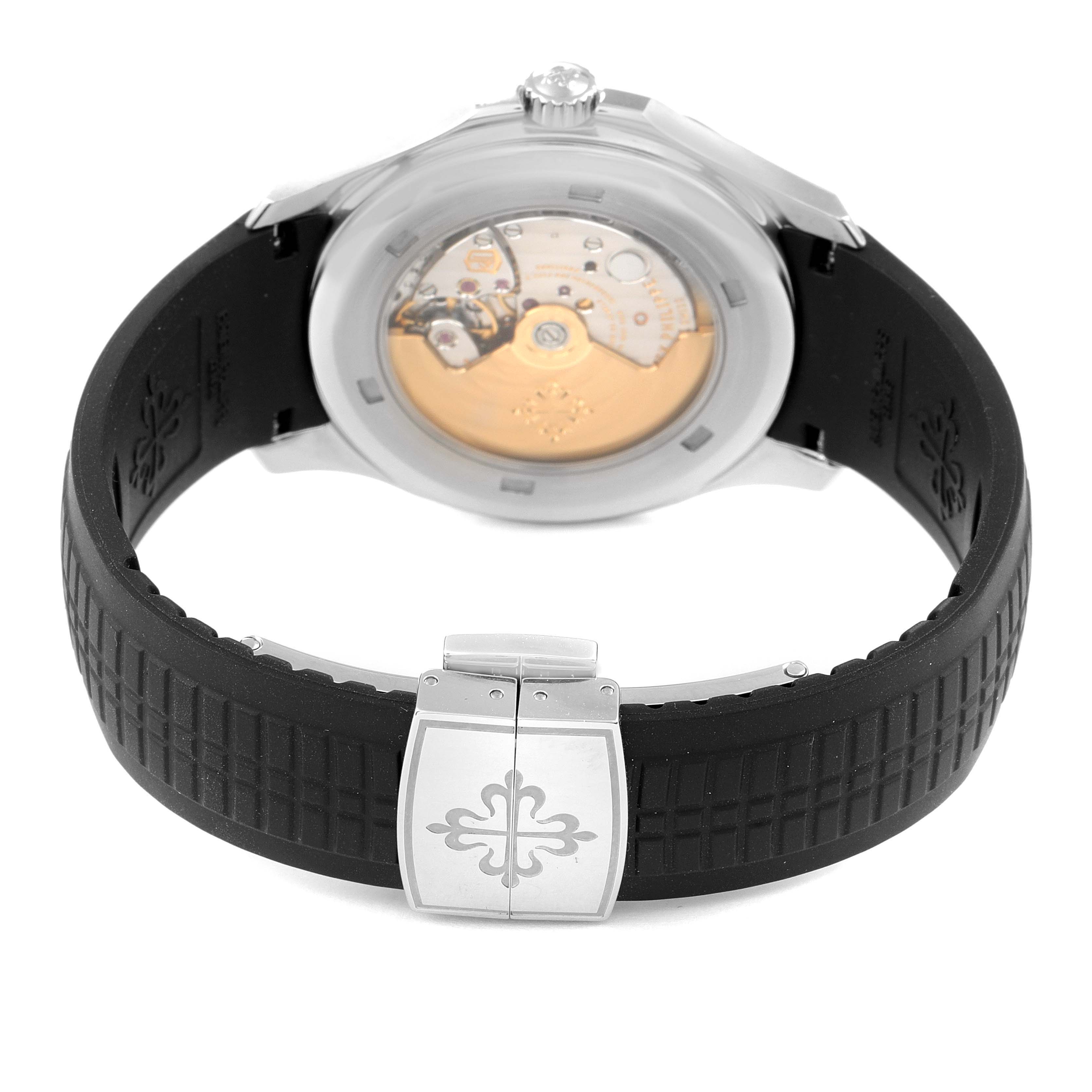 The image shows the back view of a Patek Philippe Aquanaut 5167A Men's Stainless Steel Black Dial 5167A Men's Stainless Steel Black Dial watch, highlighting its clasp and visible mechanical movement.