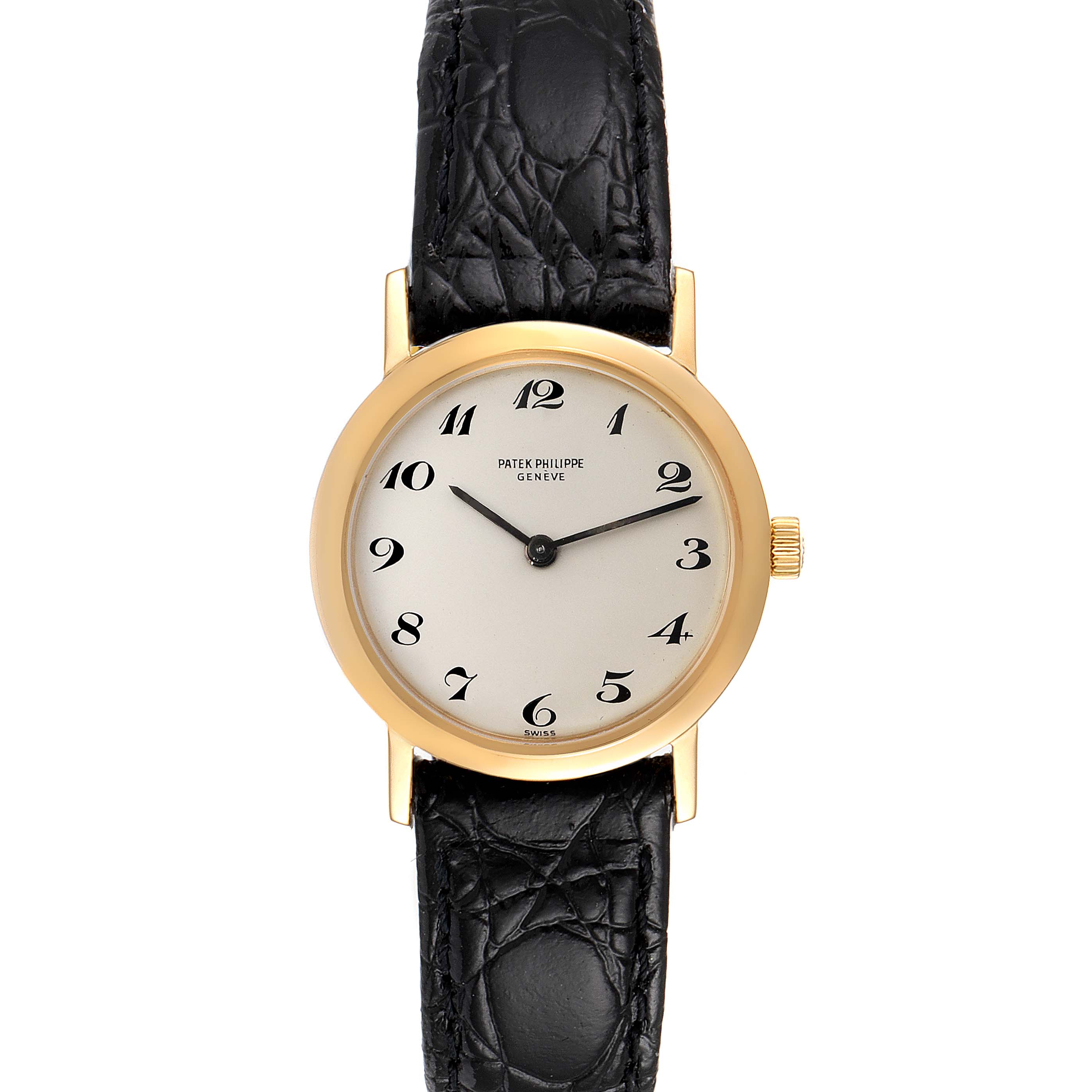 This image shows a front view of a Patek Philippe Calatrava 4184J Women's Yellow Gold Silver Dial 4184J Women's Yellow Gold Silver Dial watch featuring a gold case, cream dial, and black leather strap.