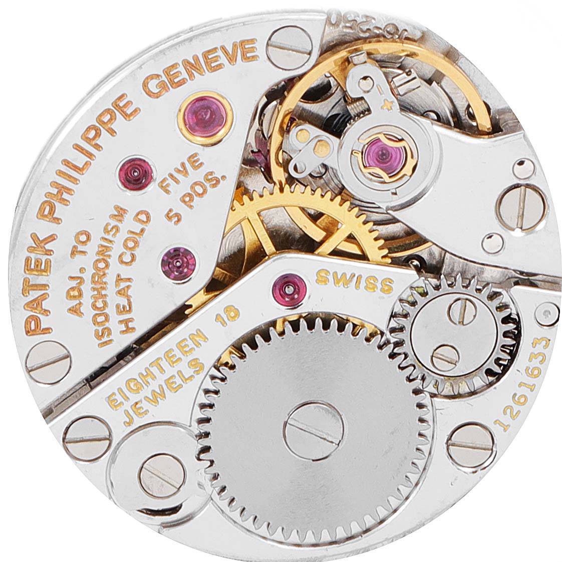 The image shows a close-up view of the movement mechanism of the Patek Philippe Calatrava 4184J Women's Yellow Gold Silver Dial 4184J Women's Yellow Gold Silver Dial watch.