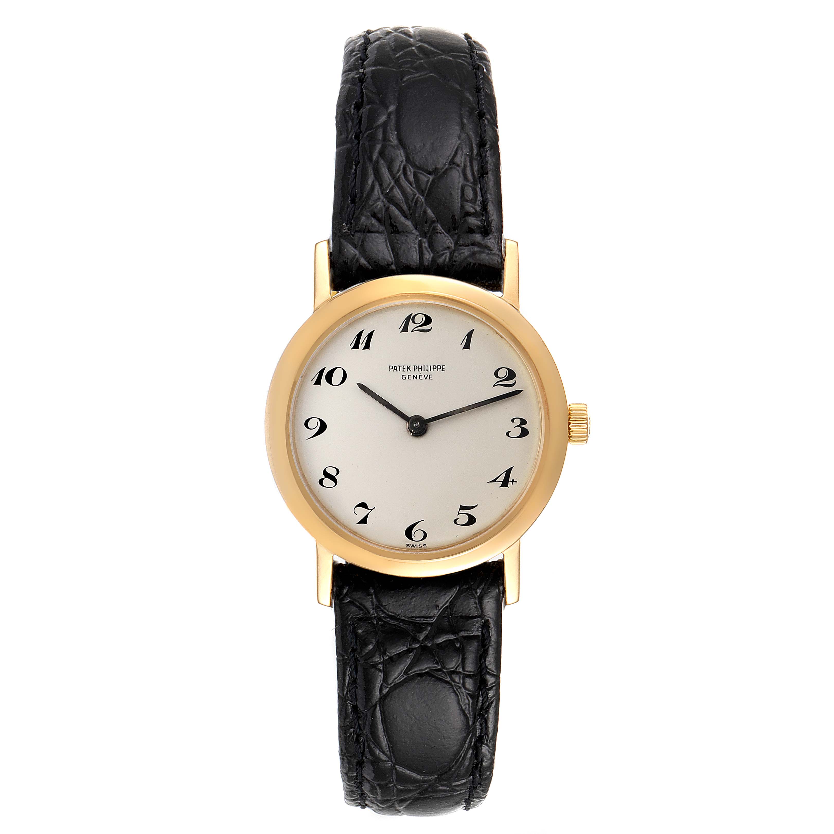 The image shows a front view of a Patek Philippe Calatrava 4184J Women's Yellow Gold Silver Dial 4184J Women's Yellow Gold Silver Dial watch with a gold case and black leather strap.